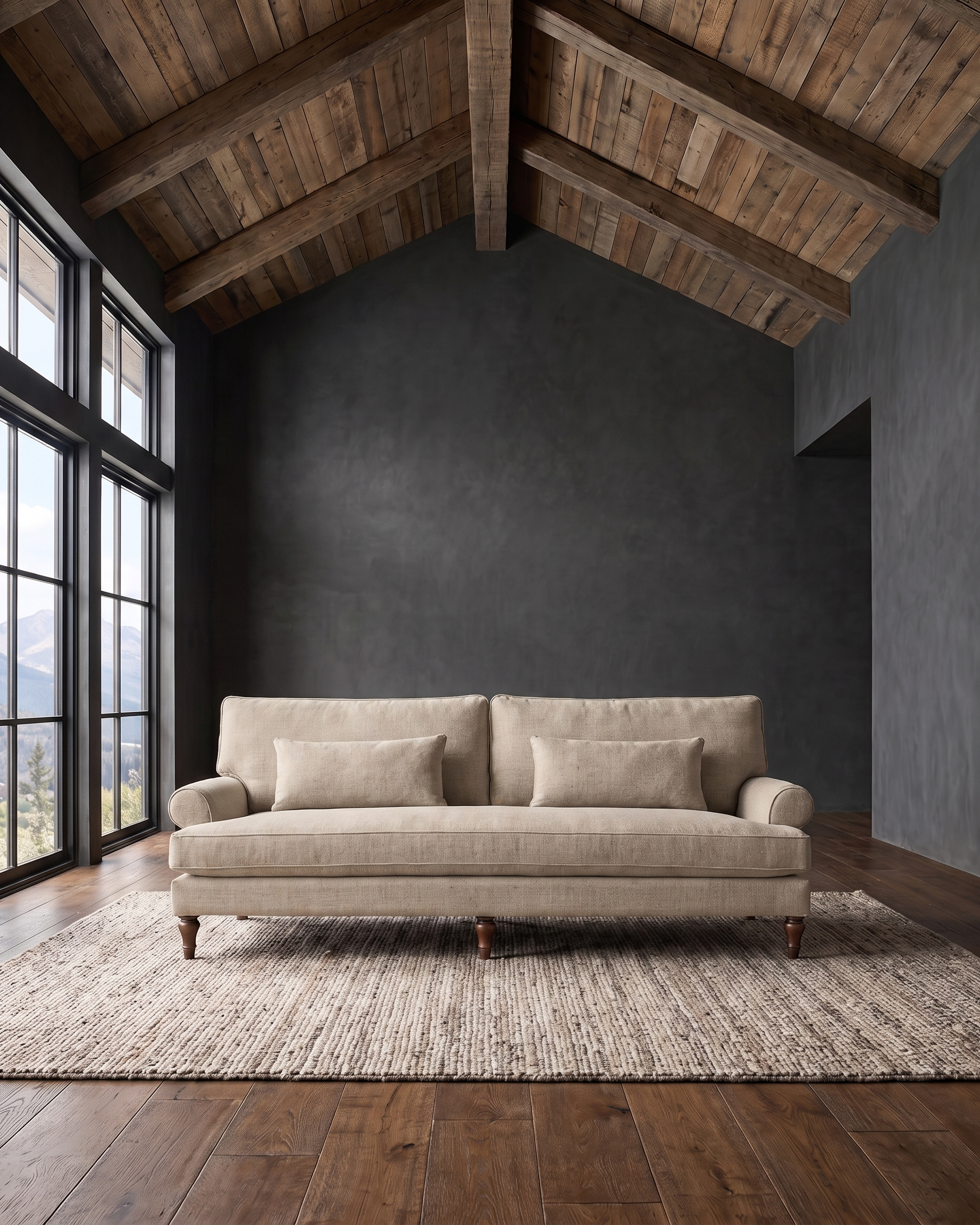 living room custom furniture modern mountain linen sofa Hello Norden - Halden Sofa in Palmer Driftwood, shown in a rustic modern room