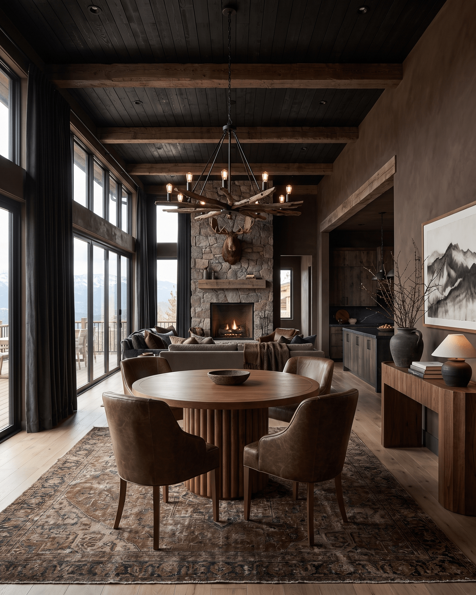 modern mountain Haldis Round Dining Table Hello Norden, shown in a rustic modern room