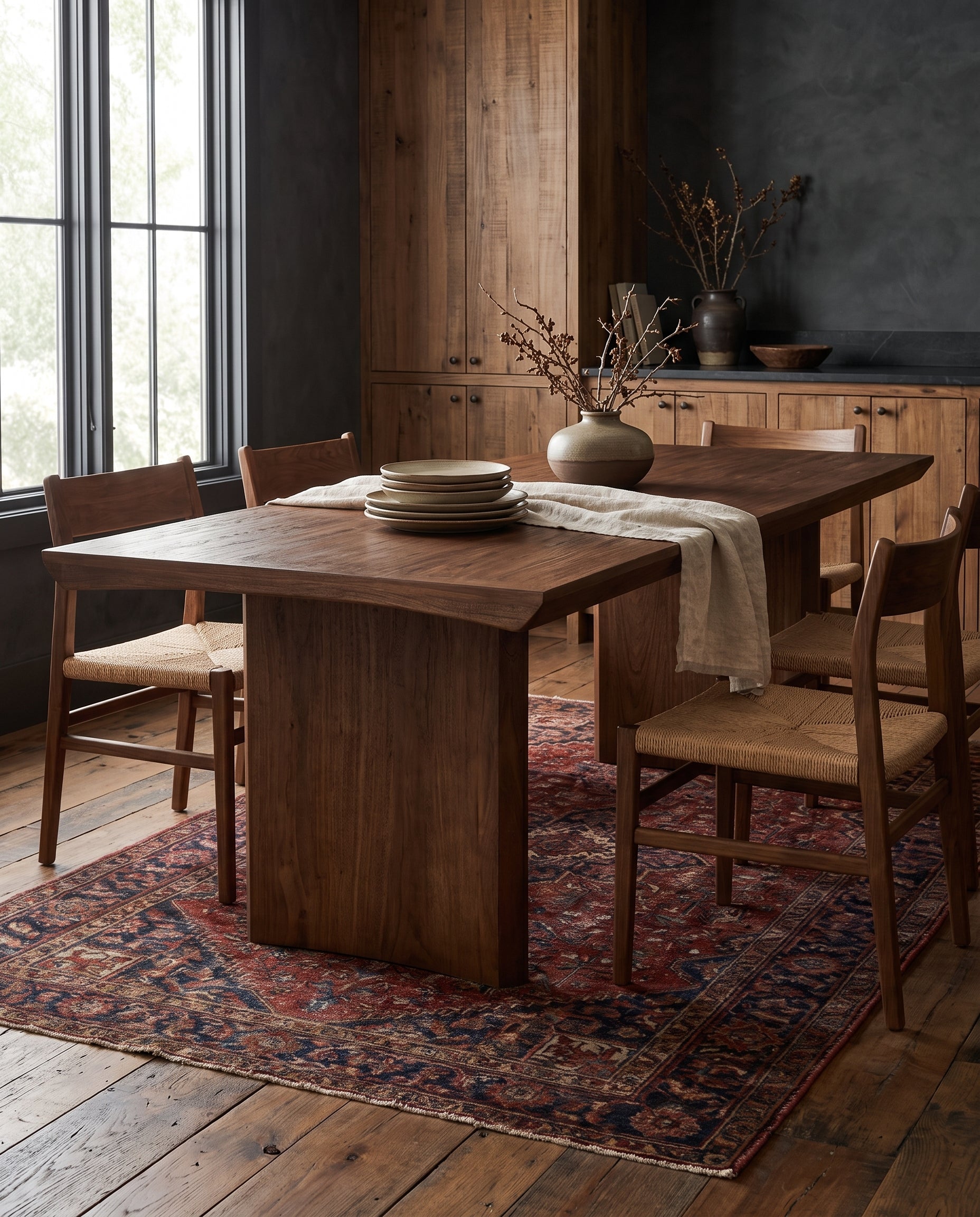 warm brown dark solid reclaimed wood dining room furniture modern mountain dining table Hello Norden - Halvard Dining Table styled in a modern rustic dining room