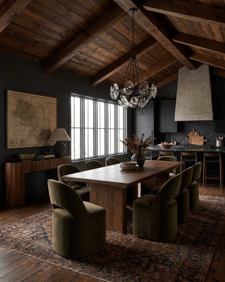 modern mountain Halvard Dining Table Hello Norden, shown in a rustic modern room