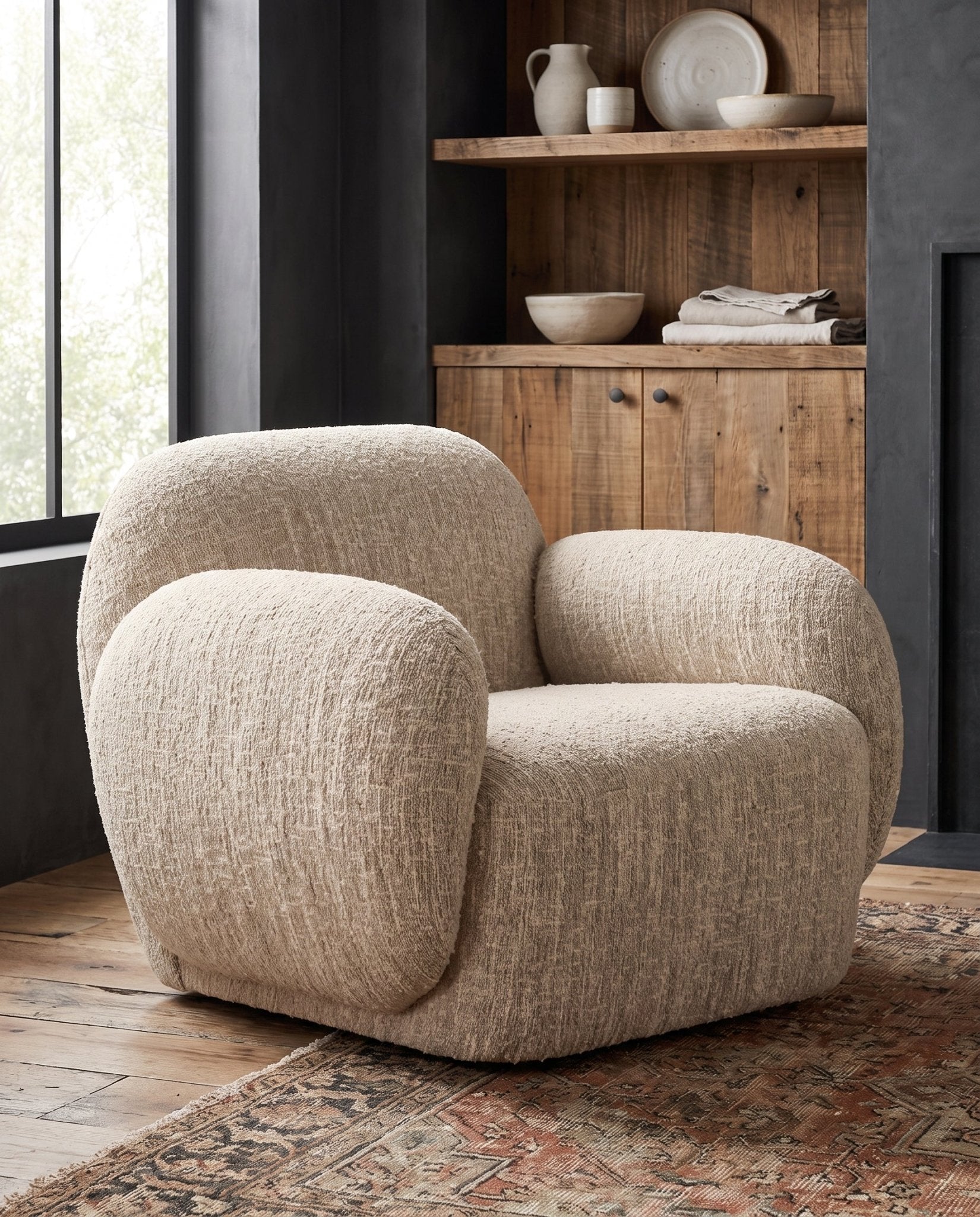 modern mountain Hugo Lounge Chair Hello Norden, shown in a rustic modern room