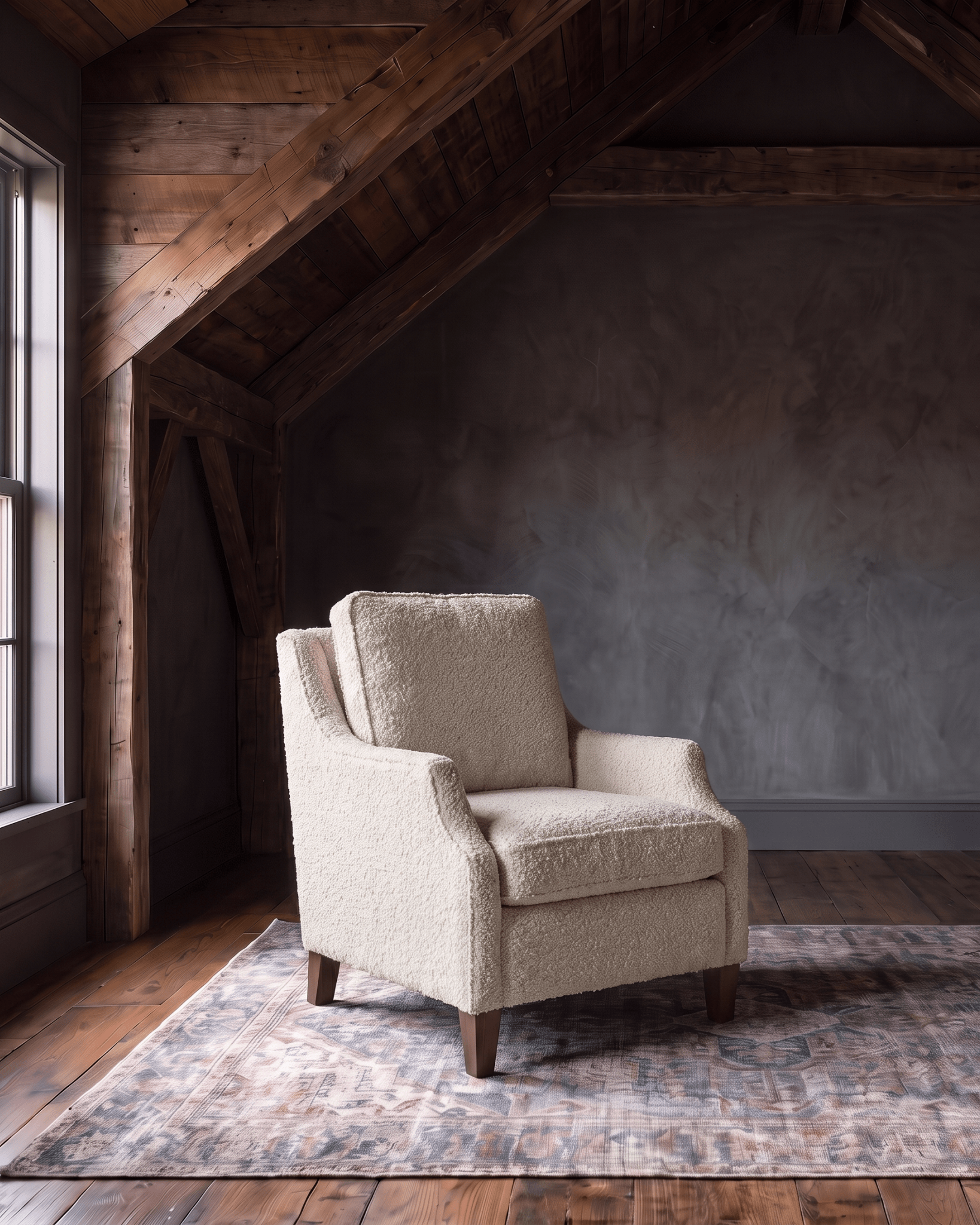 living room custom furniture modern mountain boucle chair Hello Norden - Hunter Chair in our Chunky Boucle in Angelina Linen, shown in a rustic modern room