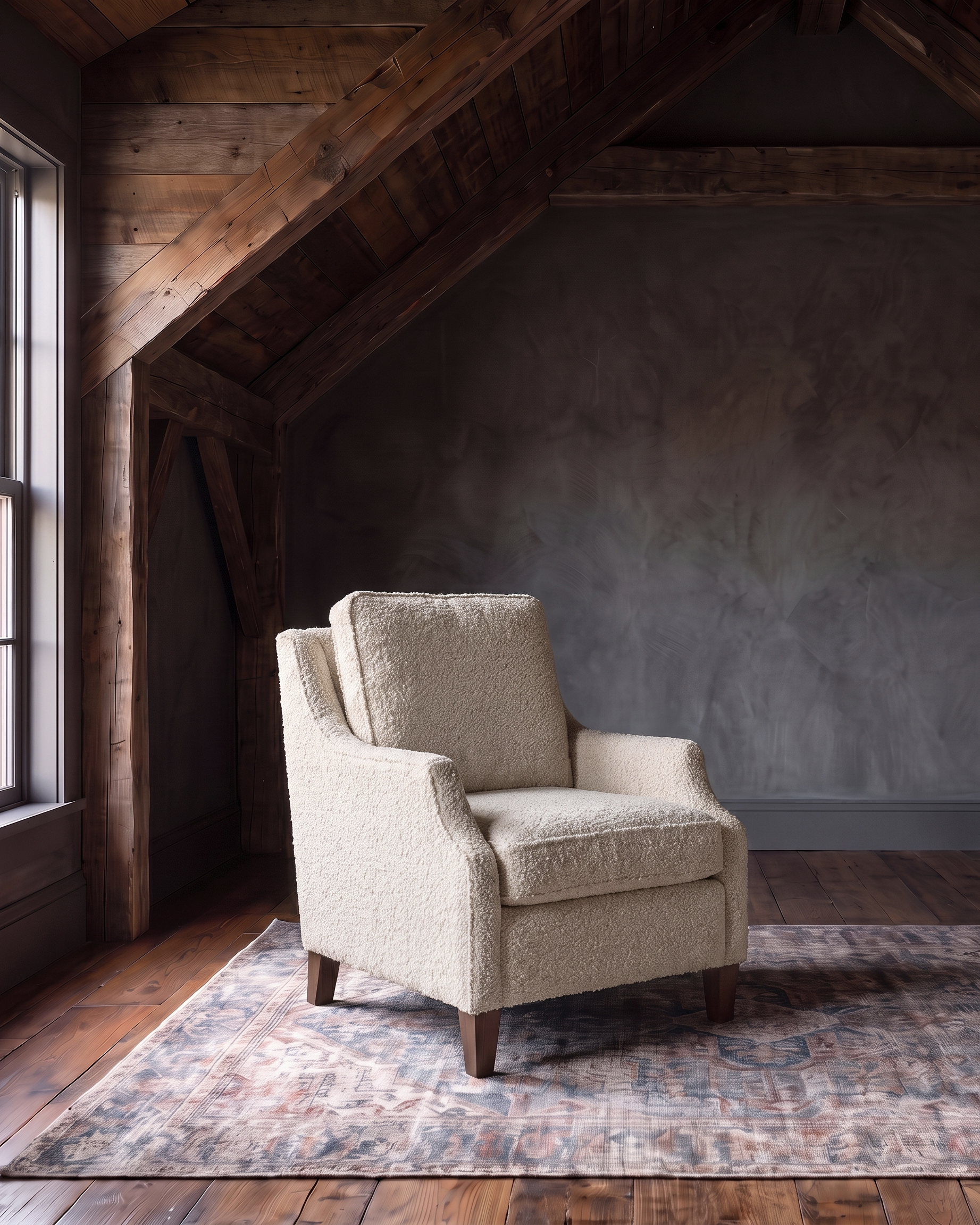 living room custom furniture modern mountain boucle chair Hello Norden - Hunter Chair in our Chunky Boucle in Angelina Linen, shown in a rustic modern room