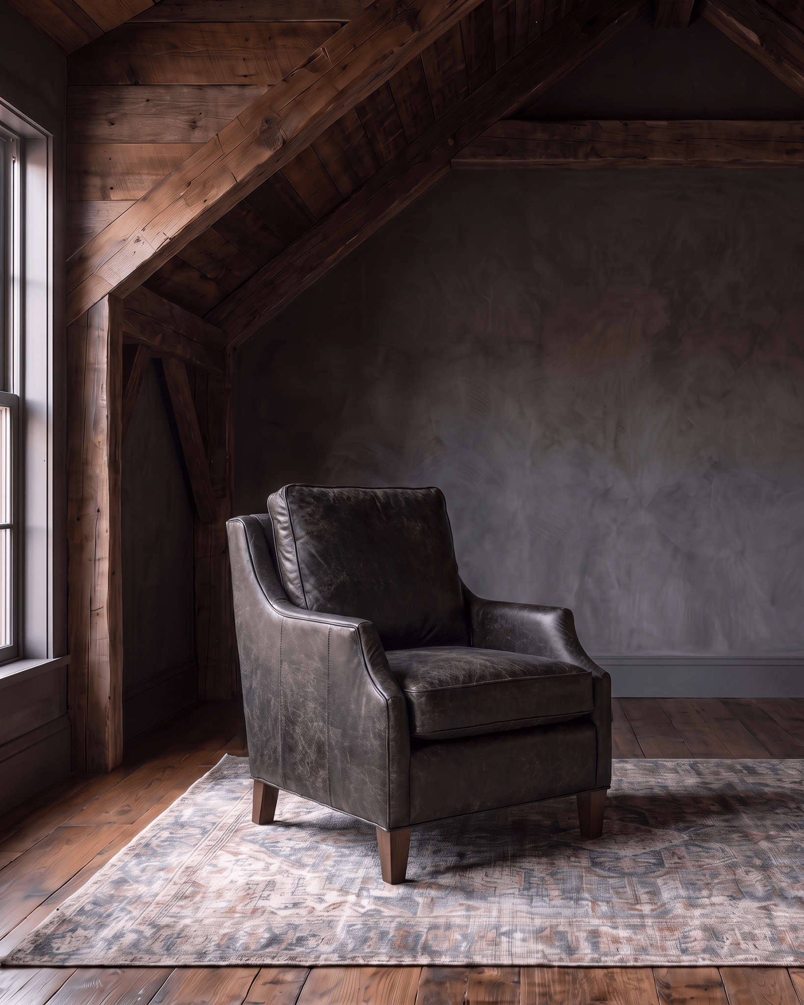 living room custom furniture modern mountain leather chair Hello Norden - Hunter Chair in Run Wyld Ruins leather, shown in a rustic modern room