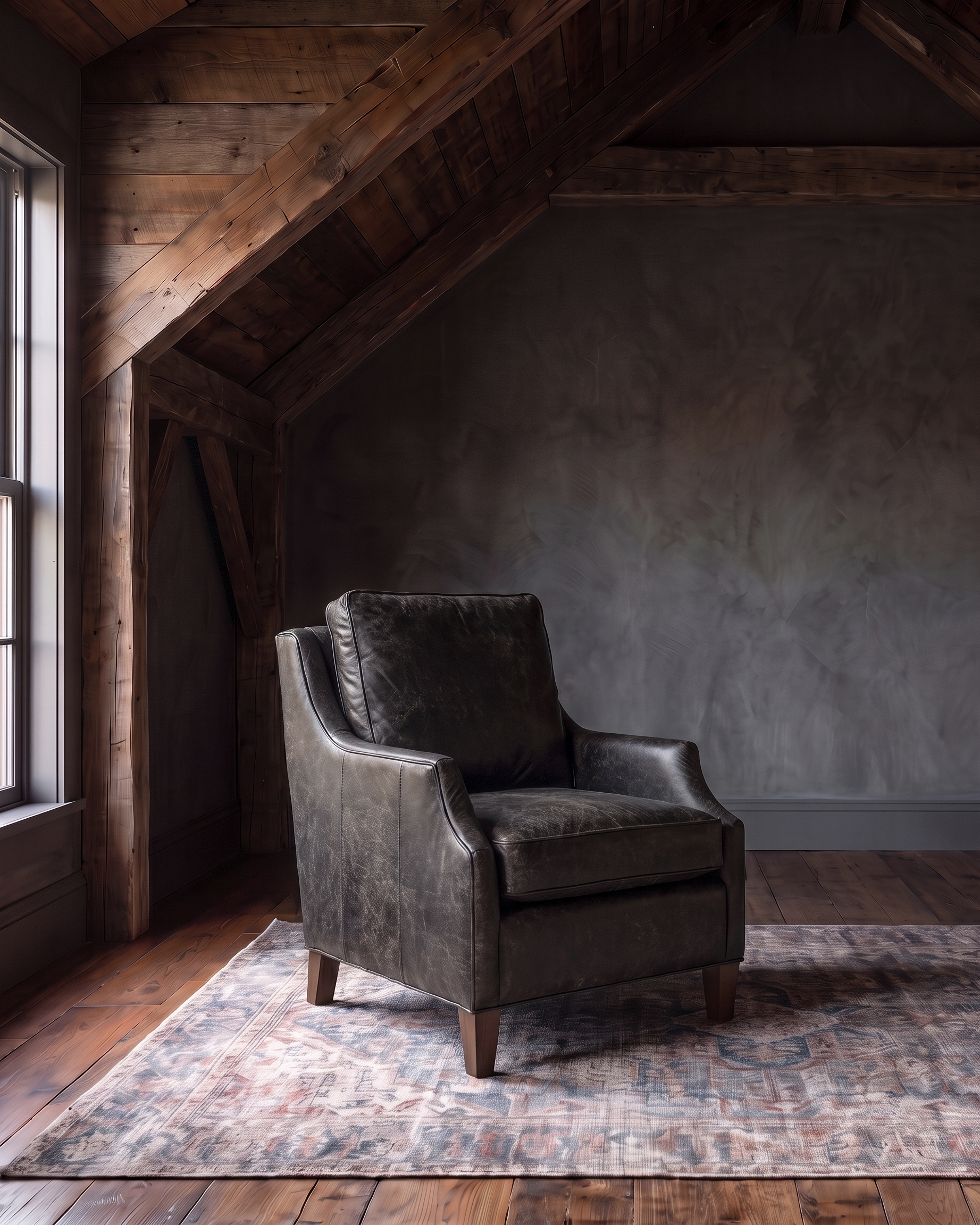 living room custom furniture modern mountain leather chair Hello Norden - Hunter Chair in Run Wyld Ruins leather, shown in a rustic modern room