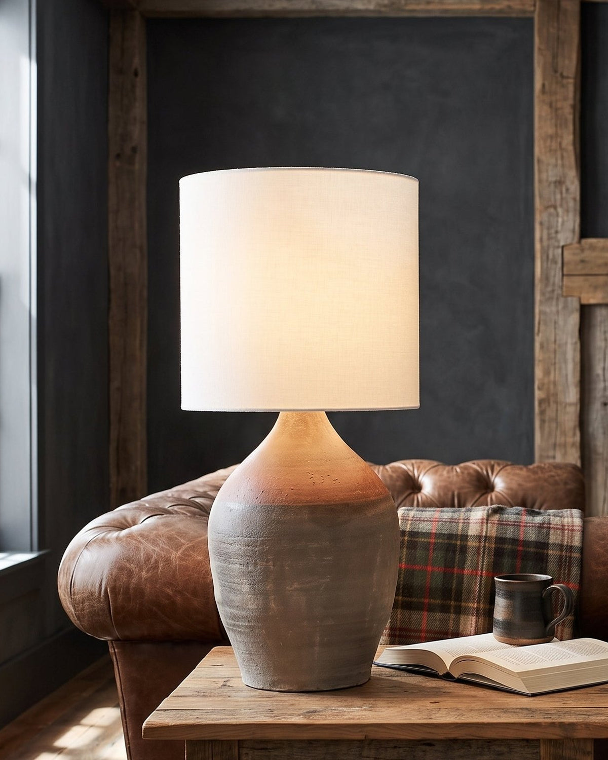 living room furniture modern mountain table lamp Hello Norden - Ingjald Rice Wine Bottle Lamp, styled in a modern rustic room