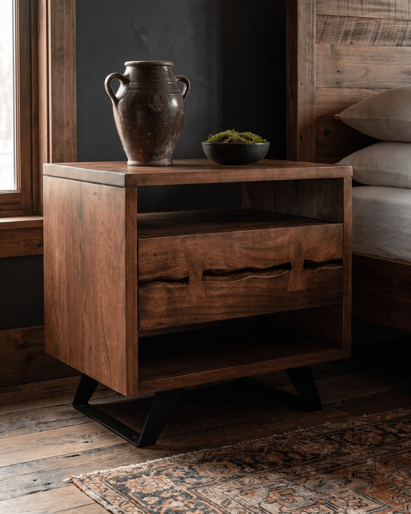 bedroom furniture modern mountain nightstand Hello Norden - Jon Nightstand, styled in a modern rustic room