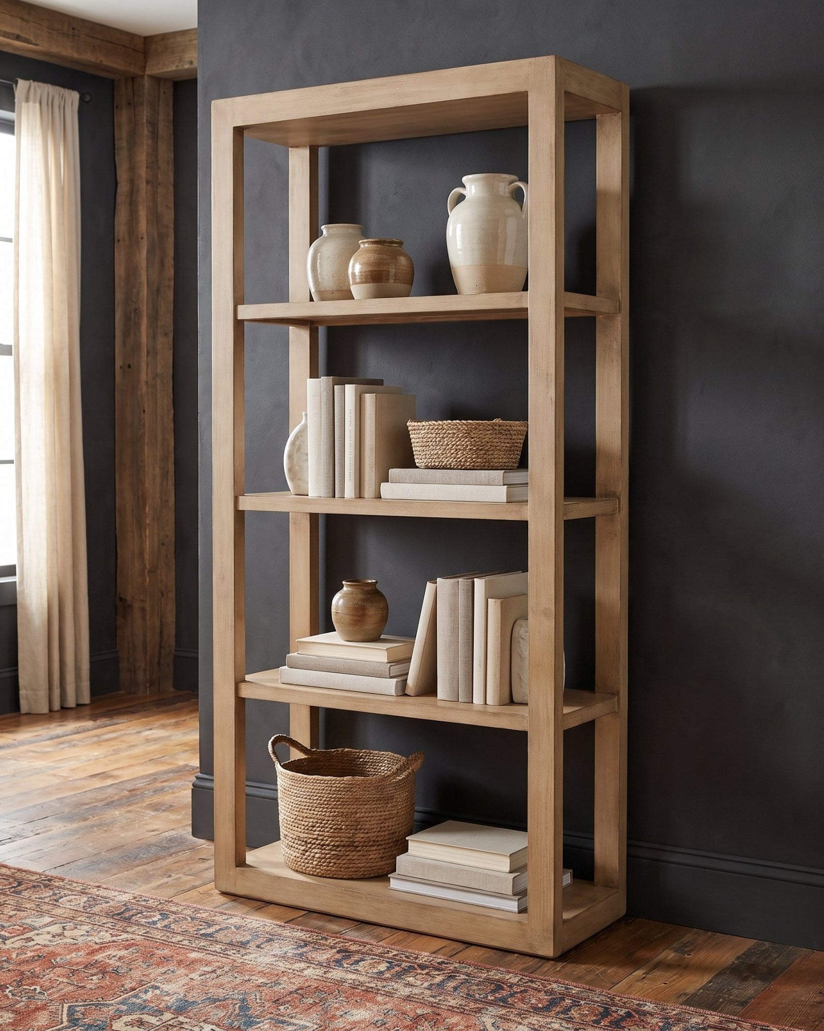 living room furniture modern mountain reclaimed pine wood bookcase Hello Norden - Kolbein Bookcase, styled in a modern rustic room