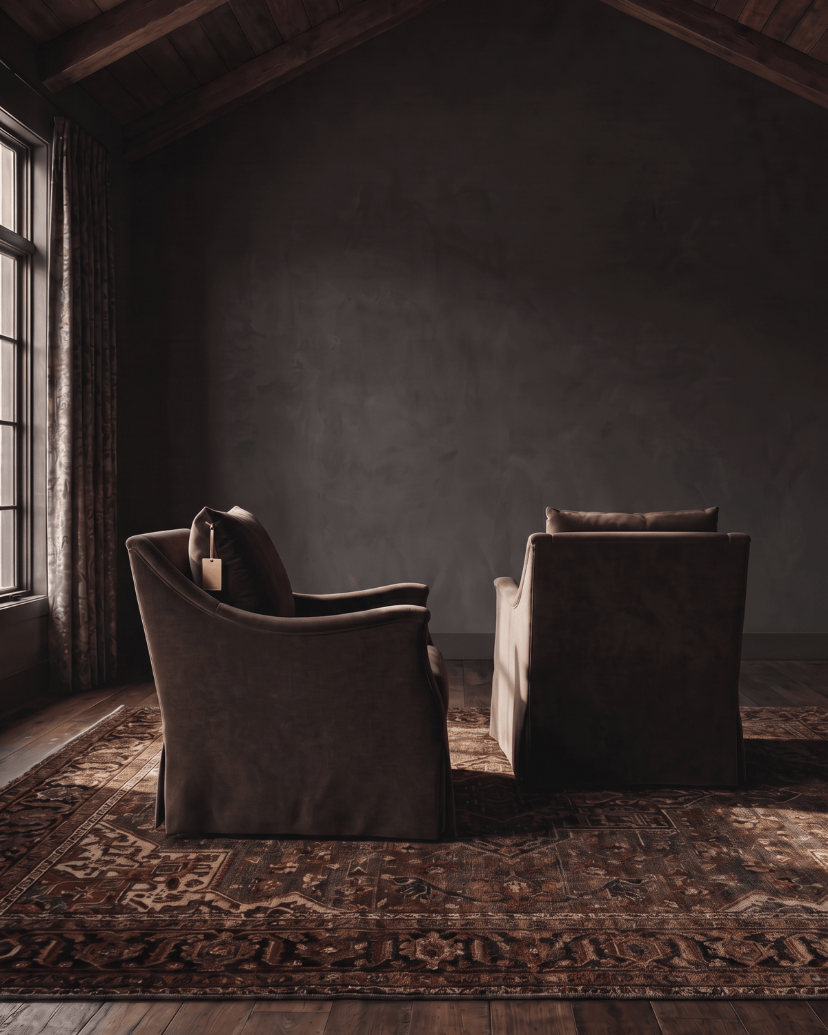 living room custom furniture modern mountain velvet chair Hello Norden - Kristofer Chair (swivel or stationary) in Banks Eco-Performance Velvet in Mink, shown in a rustic modern room