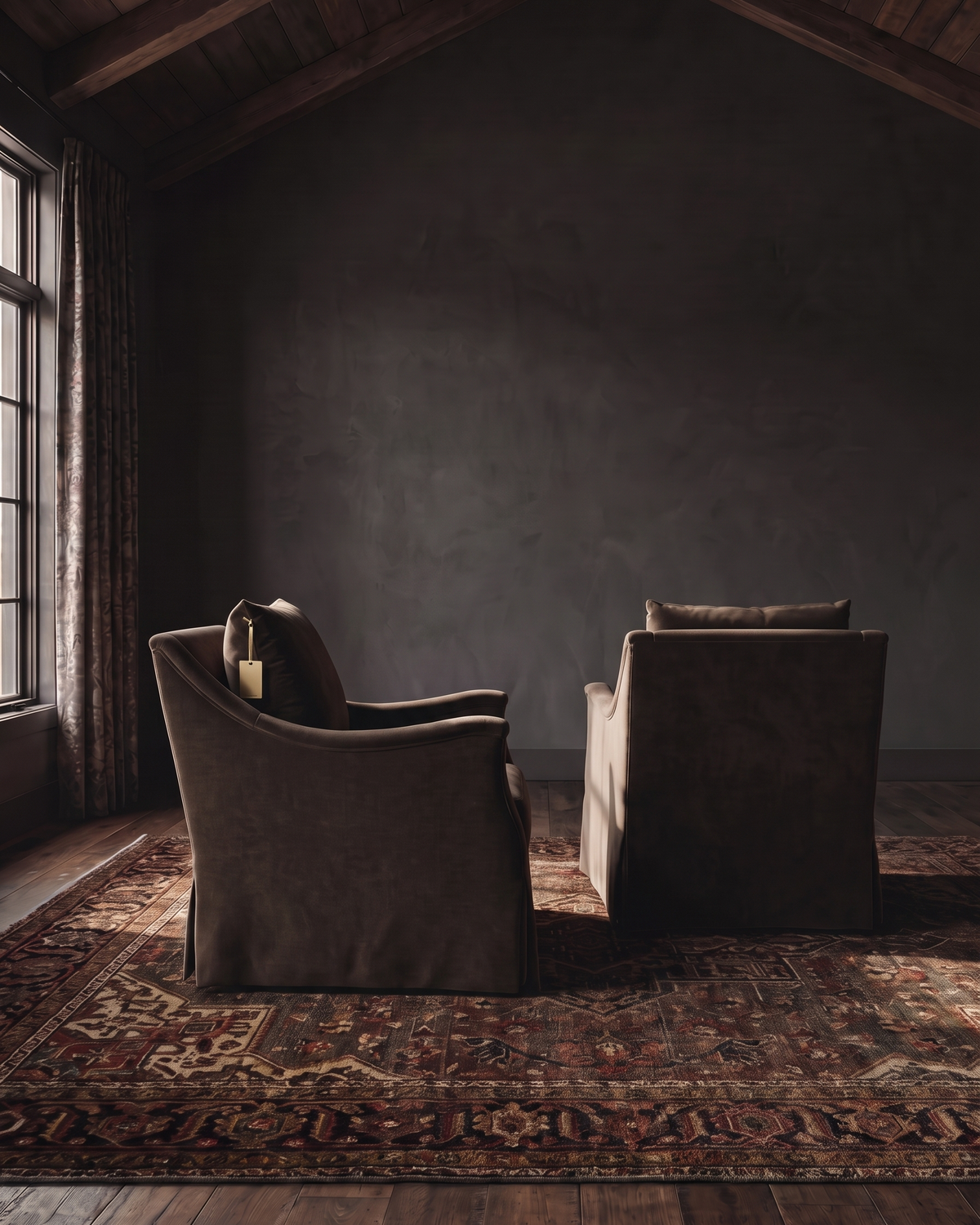living room custom furniture modern mountain velvet chair Hello Norden - Kristofer Chair (swivel or stationary) in Banks Eco-Performance Velvet in Mink, shown in a rustic modern room