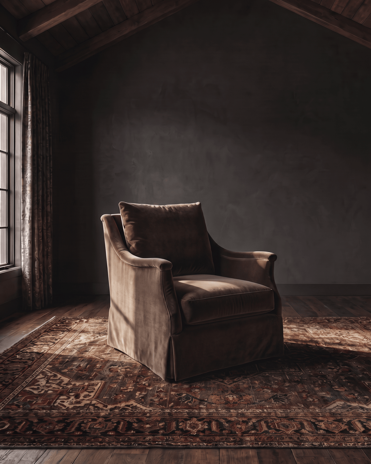 living room custom furniture modern mountain velvet chair Hello Norden - Kristofer Chair (swivel or stationary) in Banks Eco-Performance Velvet in Mink, shown in a rustic modern room