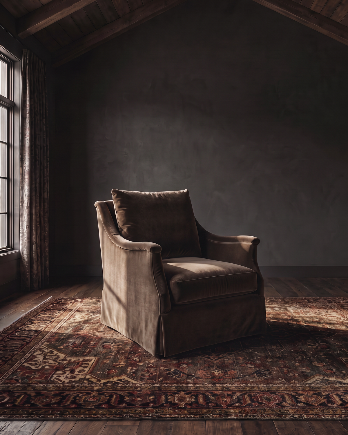 living room custom furniture modern mountain velvet chair Hello Norden - Kristofer Chair (swivel or stationary) in Banks Eco-Performance Velvet in Mink, shown in a rustic modern room