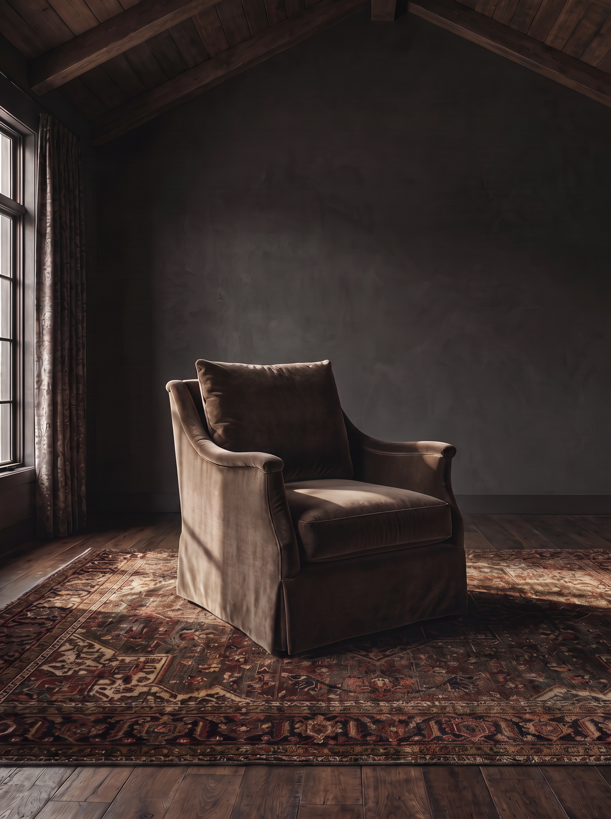 living room custom furniture modern mountain velvet chair Hello Norden - Kristofer Chair (swivel or stationary) in Banks Eco-Performance Velvet in Mink, shown in a rustic modern room