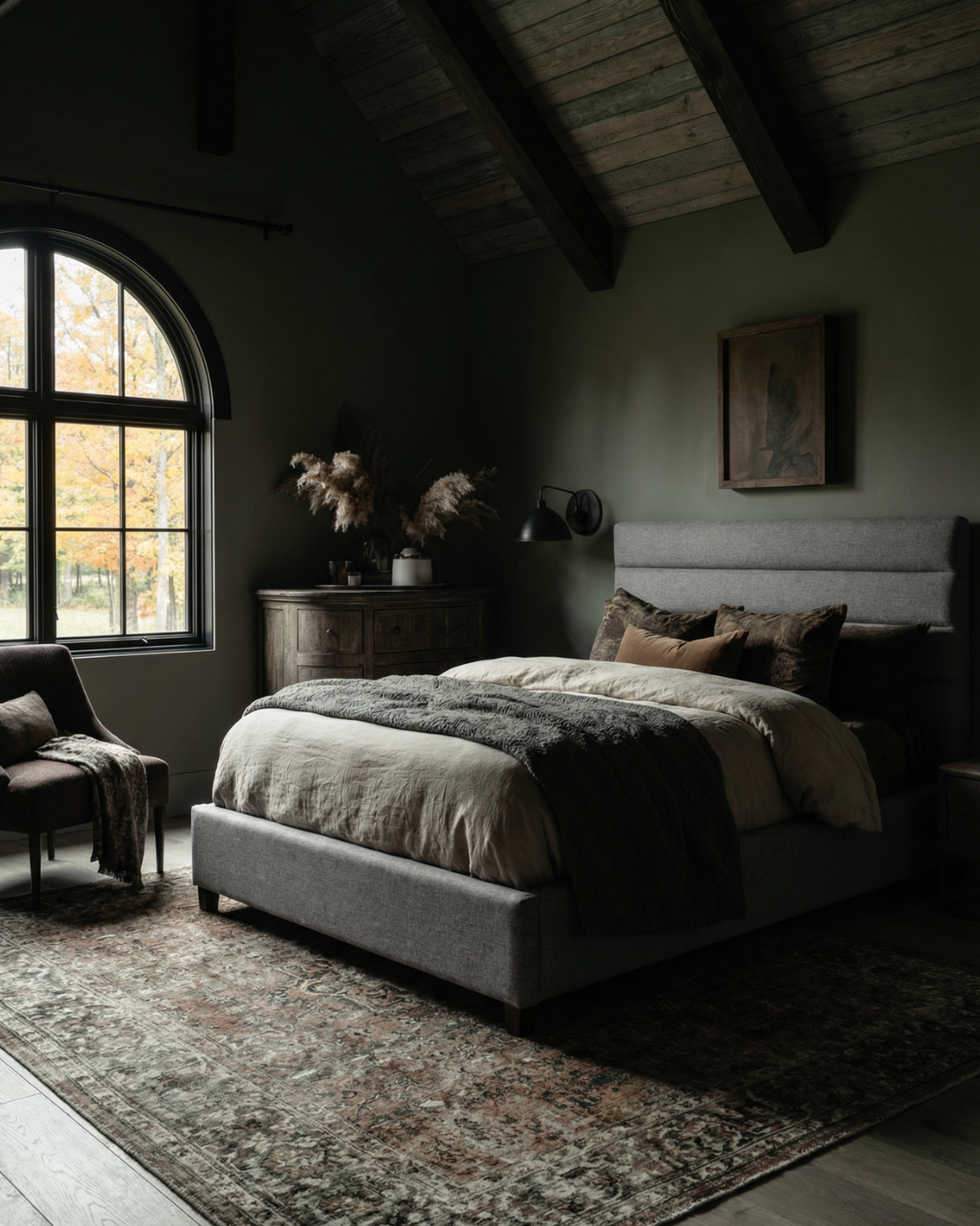 light grey padded queen bed frame king sized bedroom Furniture modern mountain Hello Norden farmhouse 2