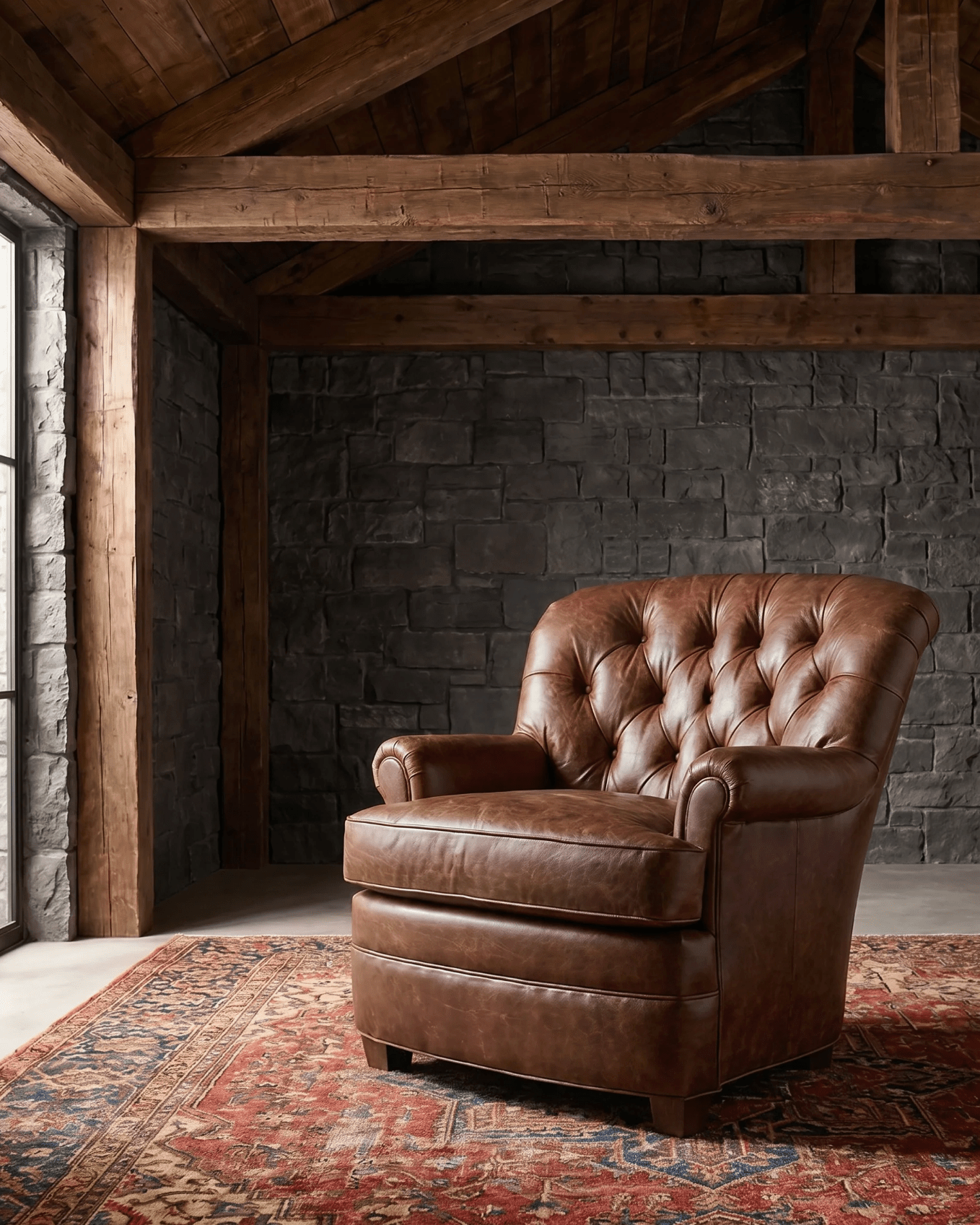 living room custom furniture modern mountain leather chair Hello Norden - Astrid Lounge Chair in St Croix Holm Sweet Holm leather, shown in a rustic modern room