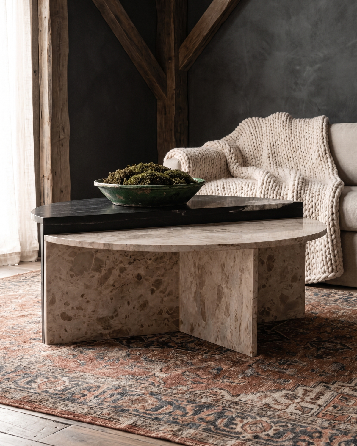 living room furniture modern mountain coffee table Hello Norden - Luna Marble Coffee Table, styled in a modern rustic room