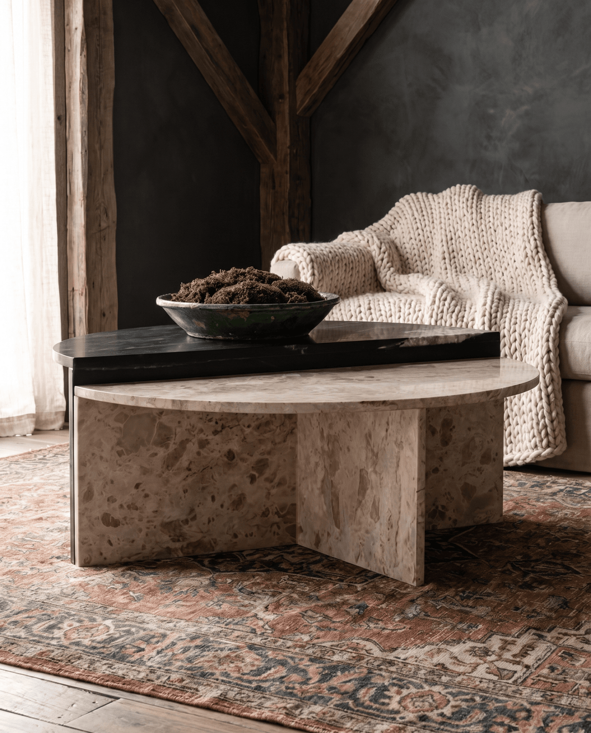 living room furniture modern mountain coffee table Hello Norden - Luna Marble Coffee Table, styled in a modern rustic room