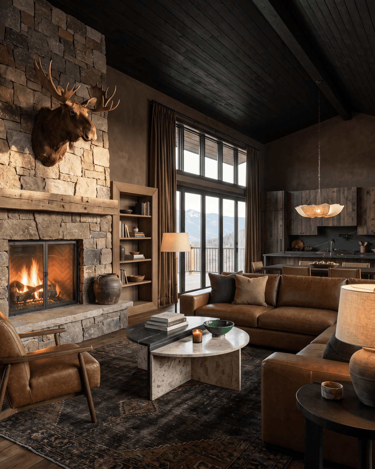 living room furniture modern mountain coffee table Hello Norden - Luna Marble Coffee Table, styled in a modern rustic room