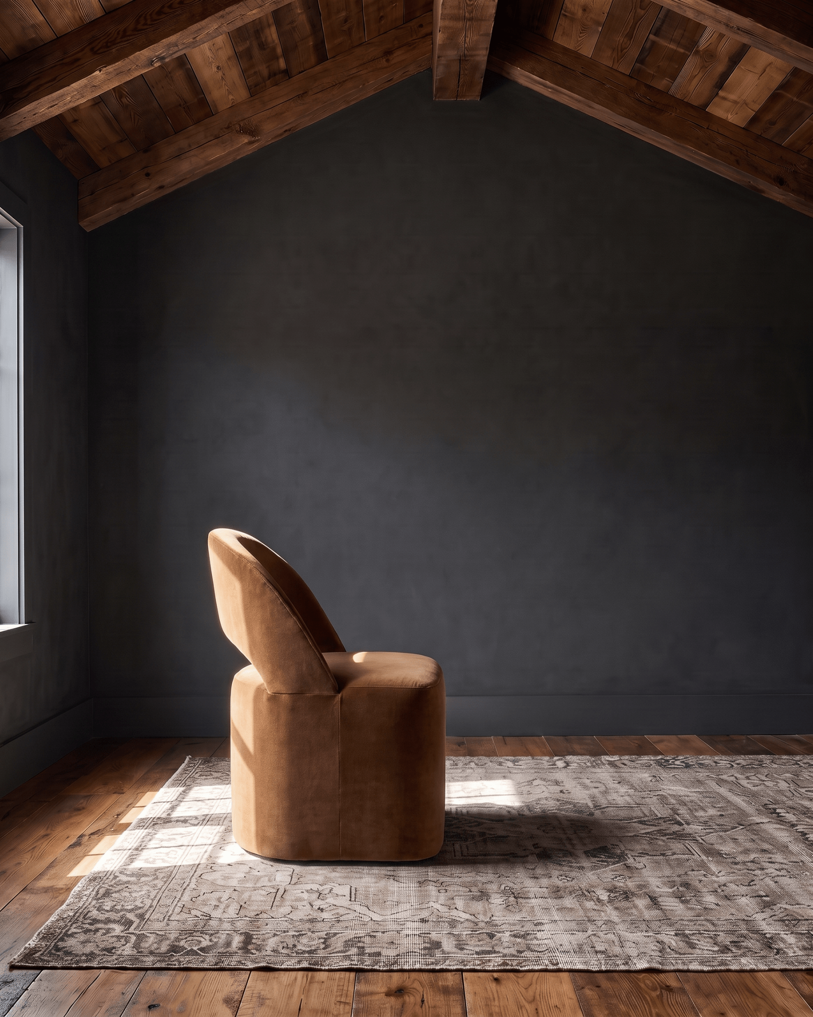 dining room custom furniture modern mountain velvet dining chair Hello Norden - Lynx Dining Chair in Banks Eco-Performance Velvet in Yam, shown in a rustic modern room