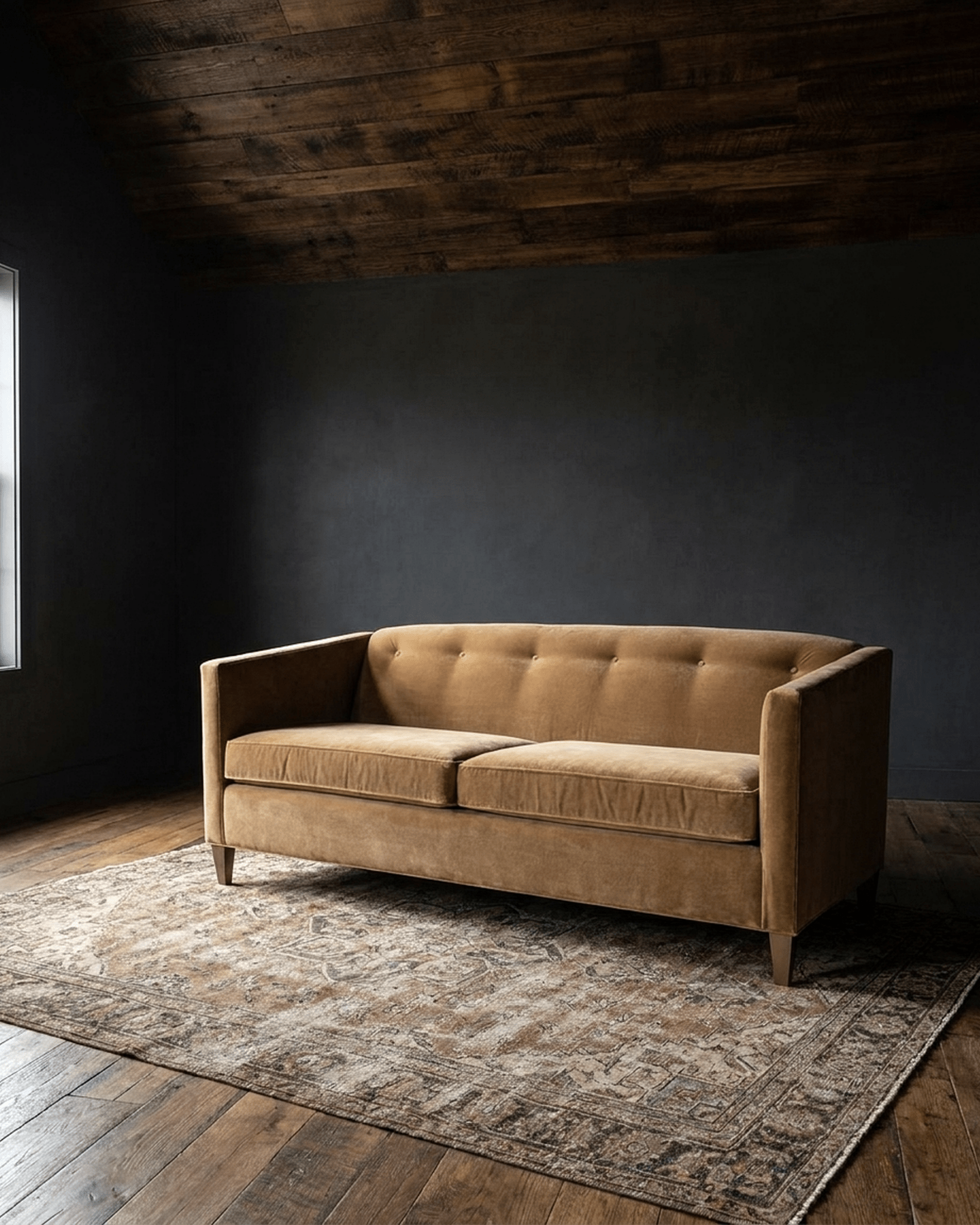 living room custom furniture modern mountain velvet sofa Hello Norden - Mali Sofa (Multiple Sizes) in Banks Velvet - Tobacco, shown in a rustic modern room