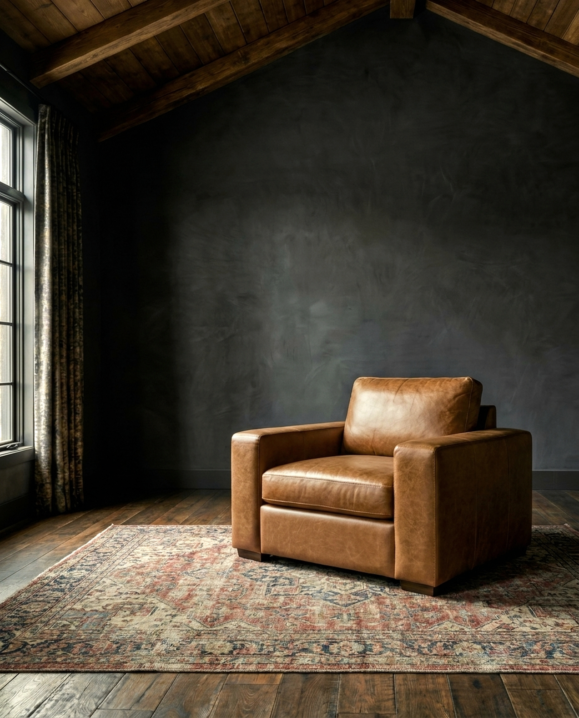 living room custom furniture modern mountain leather chair Hello Norden - Maxim Chair (multiple sizes) in Yorkshire Brandy Leather, shown in a rustic modern room