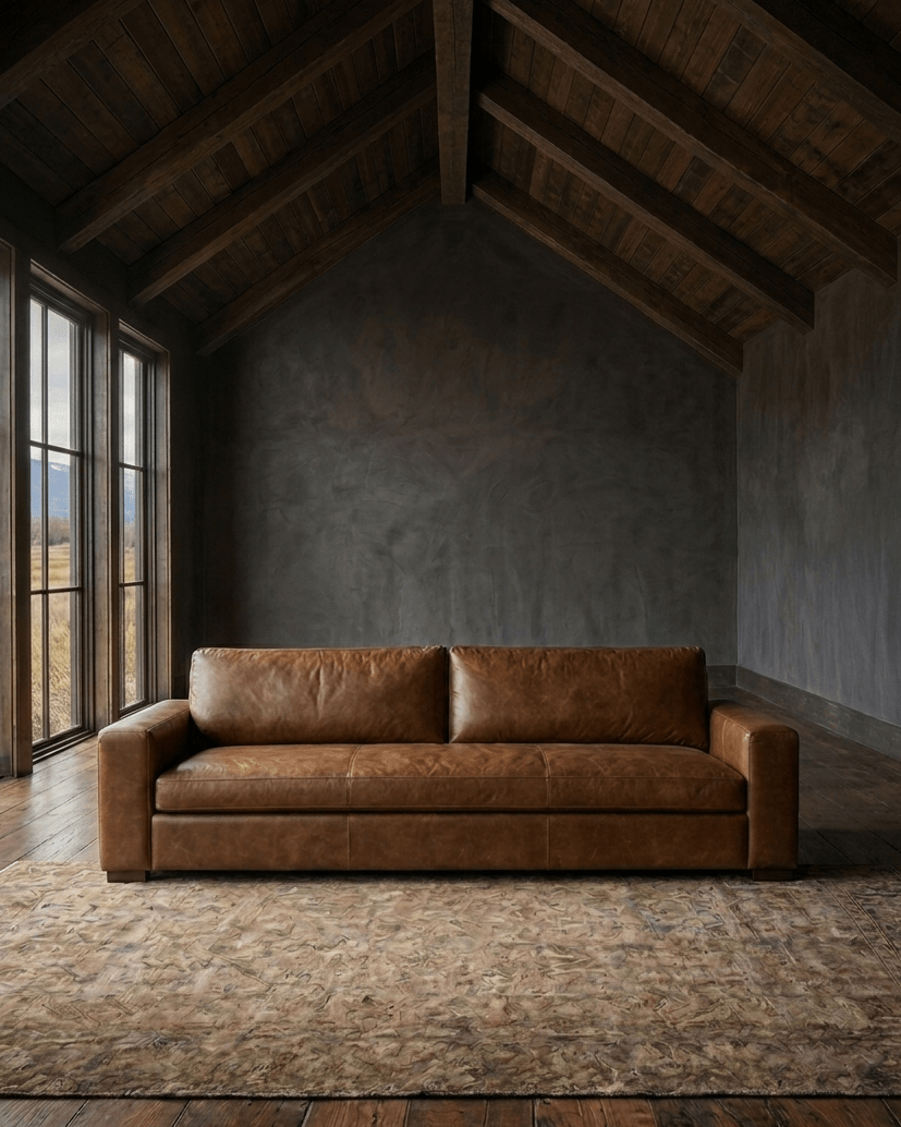 living room custom furniture modern mountain leather sofa Hello Norden - Maxim Sofa (5'-10' | multiple sizes) in St Croix Holm Sweet Holm, shown in a rustic modern room