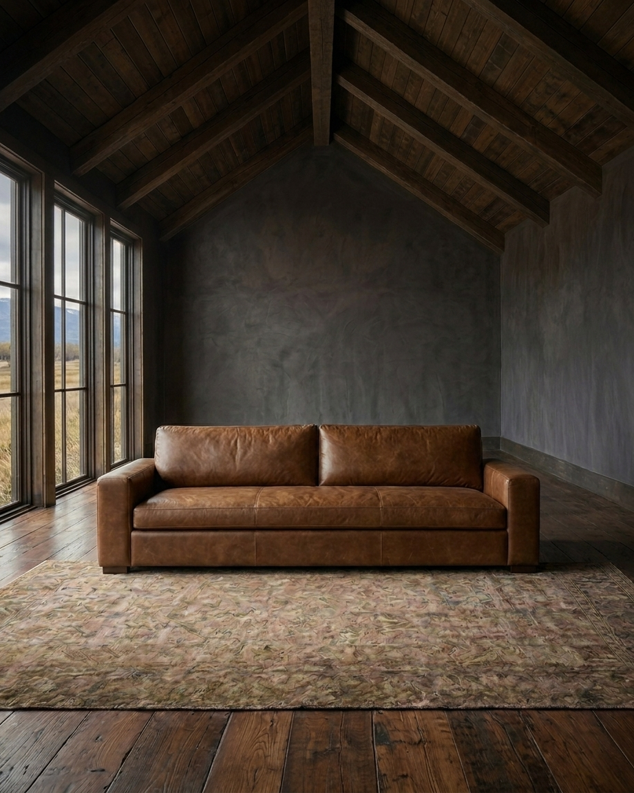 living room custom furniture modern mountain leather sofa Hello Norden - Maxim Sofa (5'-10' | multiple sizes) in St Croix Holm Sweet Holm, shown in a rustic modern room