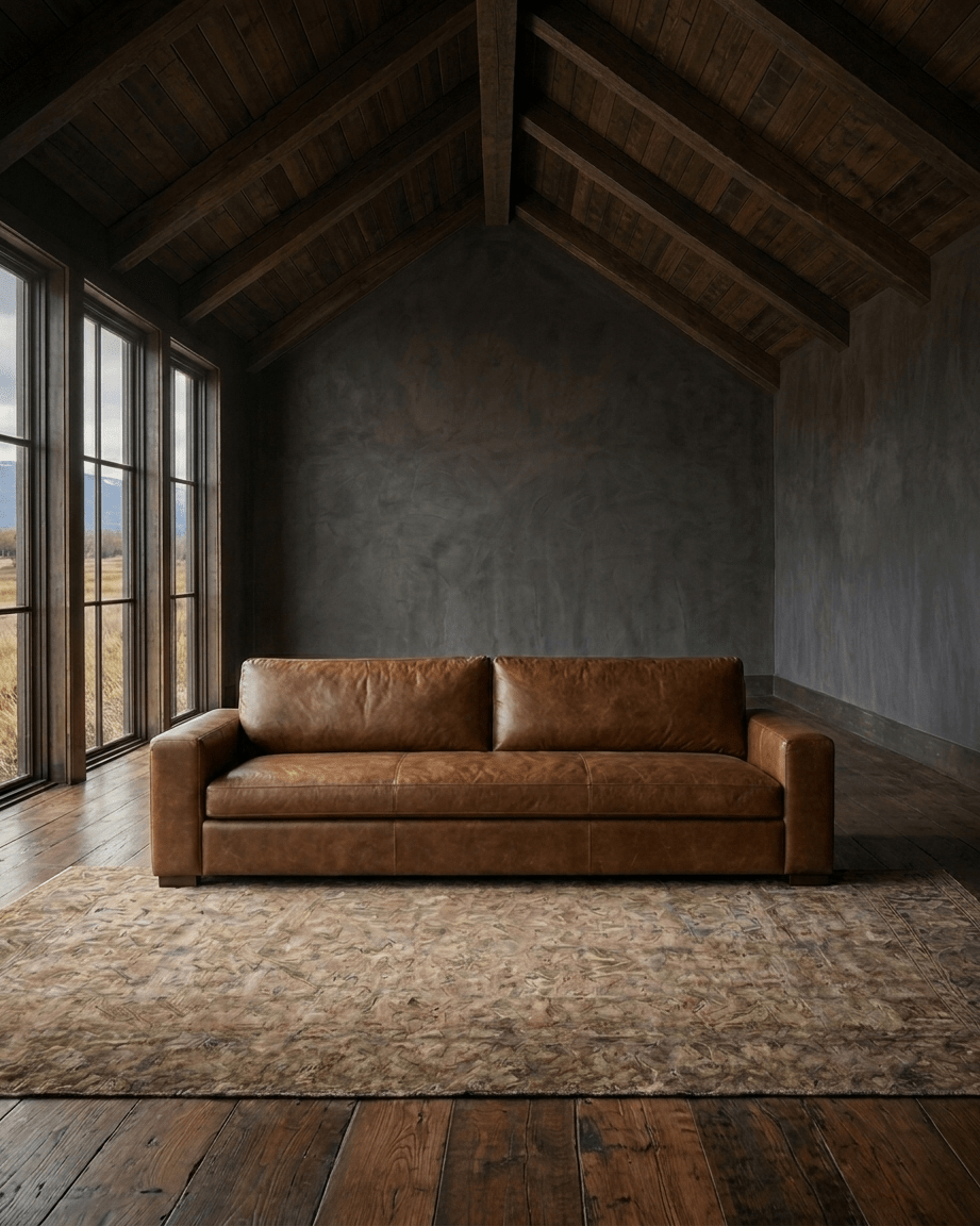 living room custom furniture modern mountain leather sofa Hello Norden - Maxim Sofa (5'-10' | multiple sizes) in St Croix Holm Sweet Holm, shown in a rustic modern room