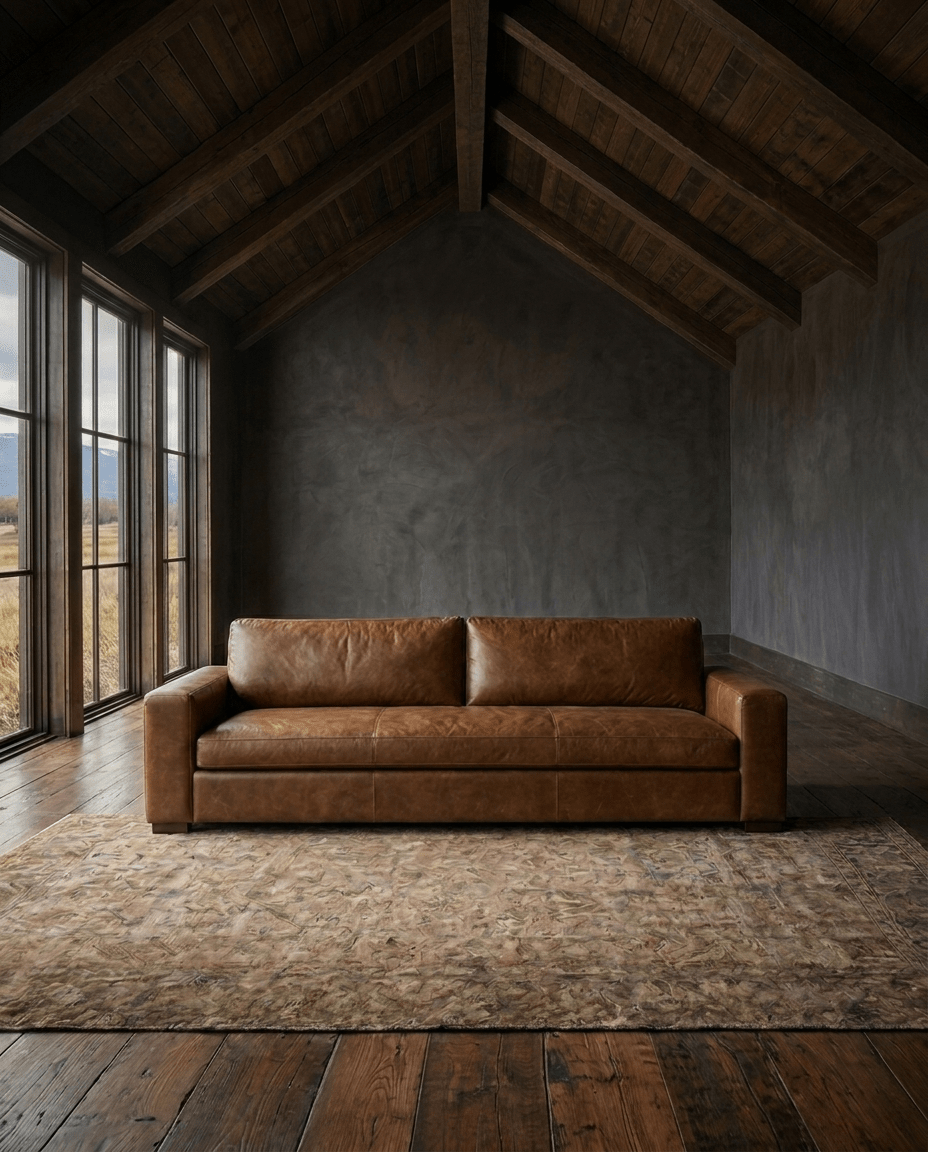 living room custom furniture modern mountain leather sofa Hello Norden - Maxim Sofa (5'-10' | multiple sizes) in St Croix Holm Sweet Holm, shown in a rustic modern room