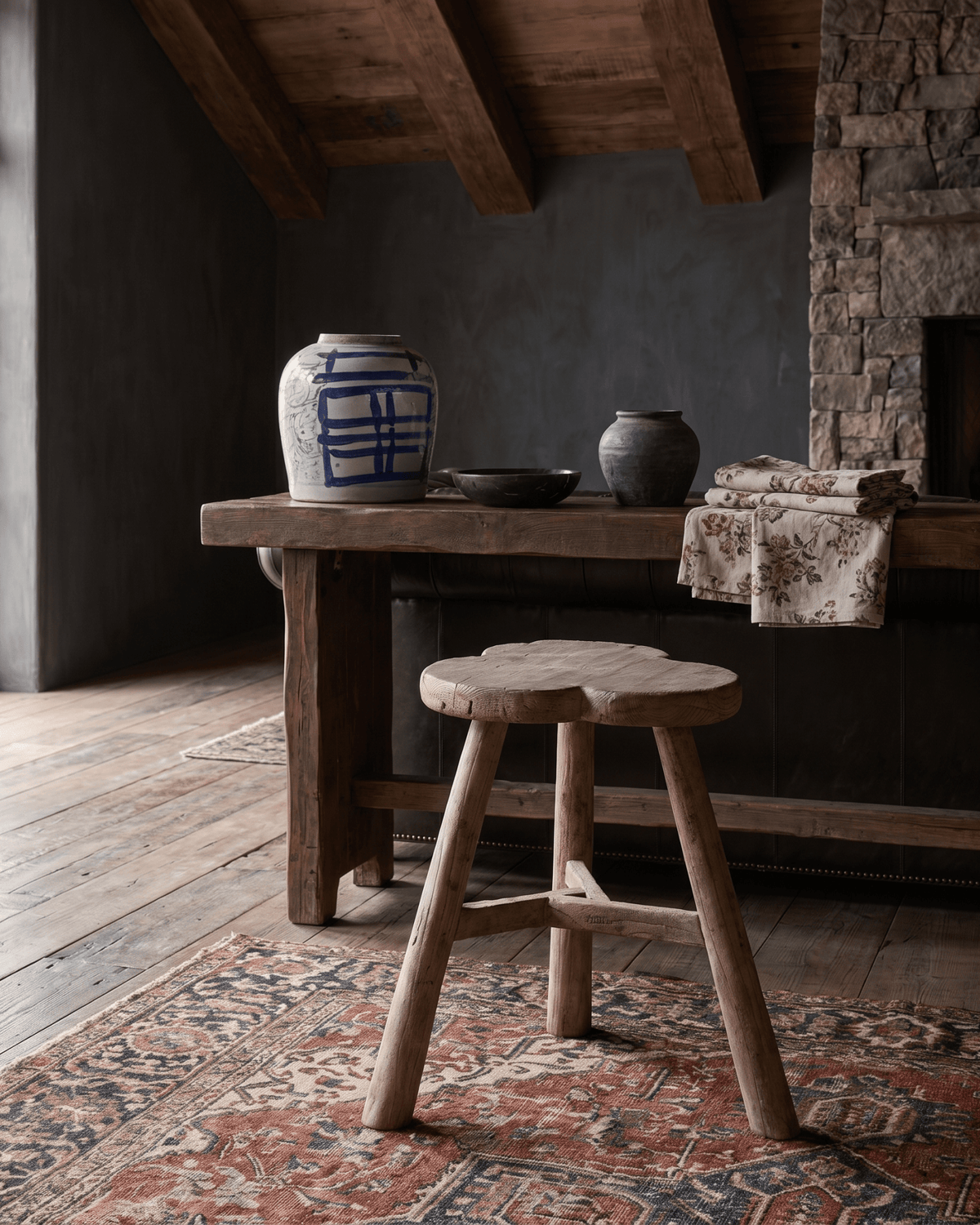 living room furniture modern mountain stool Hello Norden - Nea Clover Stool, styled in a modern rustic room