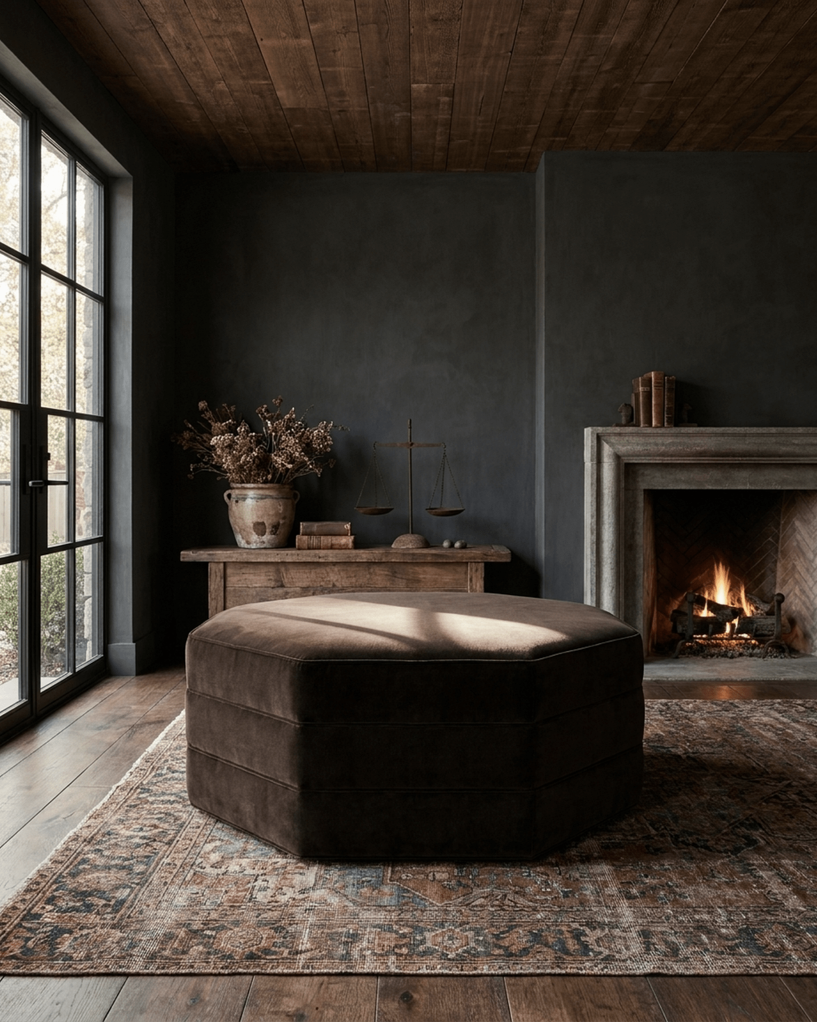modern mountain Oddmund Ottoman Hello Norden, shown in a rustic modern room