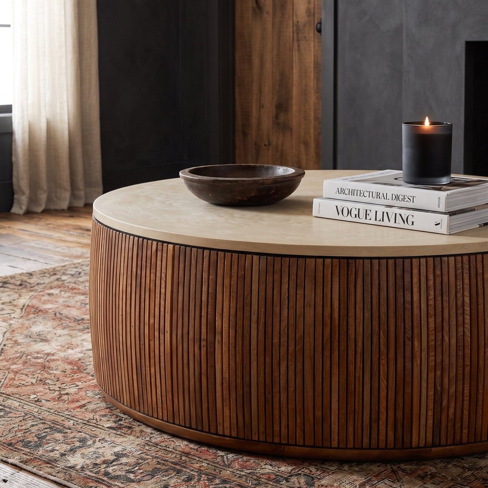 living room furniture modern mountain micro cement and teak wood coffee table Hello Norden - Ottar Coffee Table, styled in a modern rustic room