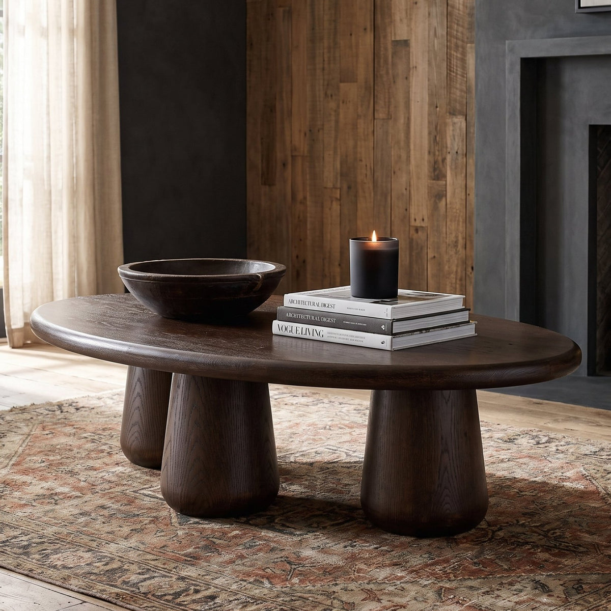 living room furniture modern mountain top edge frame and base: solid oak coffee table Hello Norden - Petter Coffee Table Dark, styled in a modern rustic room