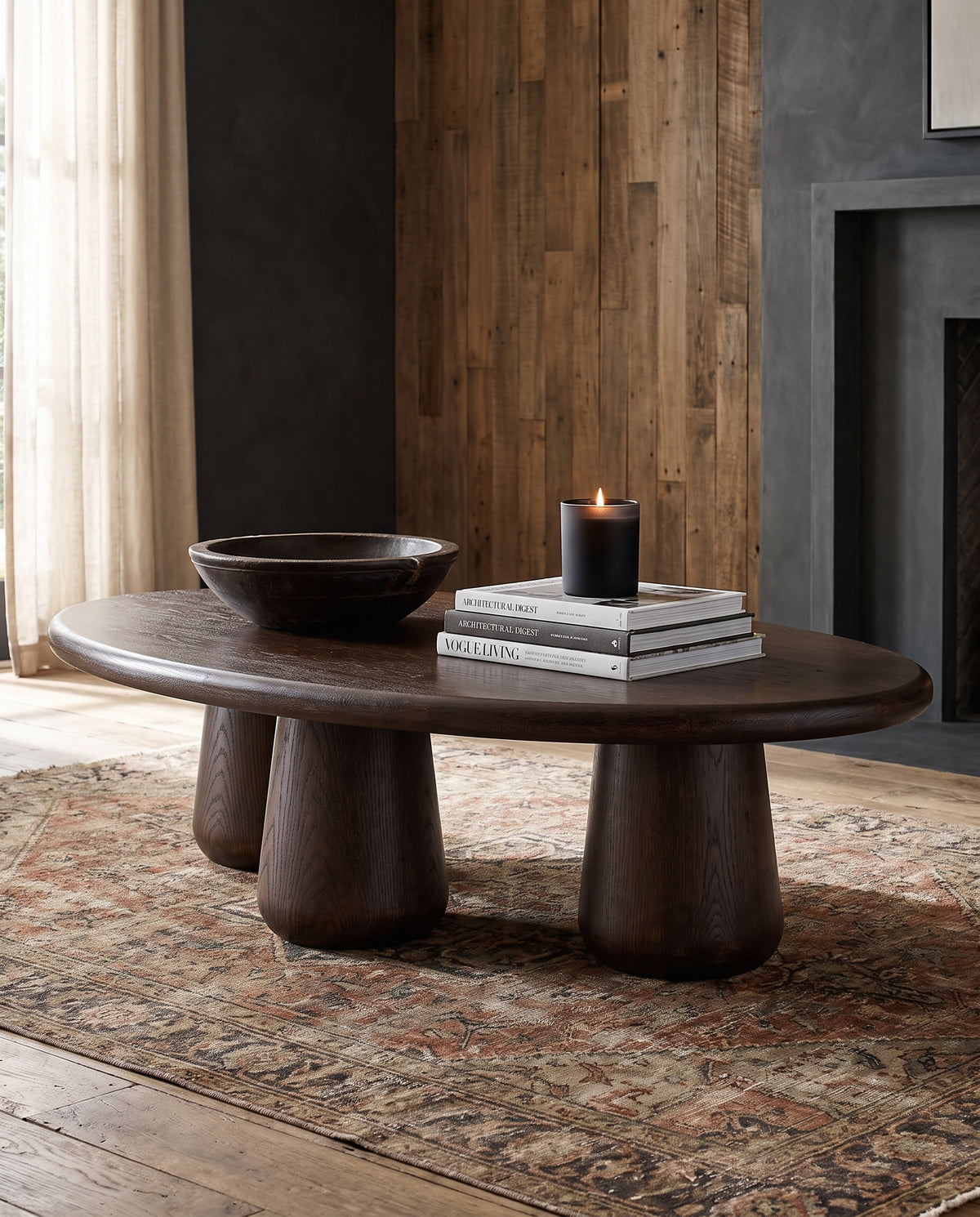 living room furniture modern mountain top edge frame and base: solid oak coffee table Hello Norden - Petter Coffee Table Dark, styled in a modern rustic room