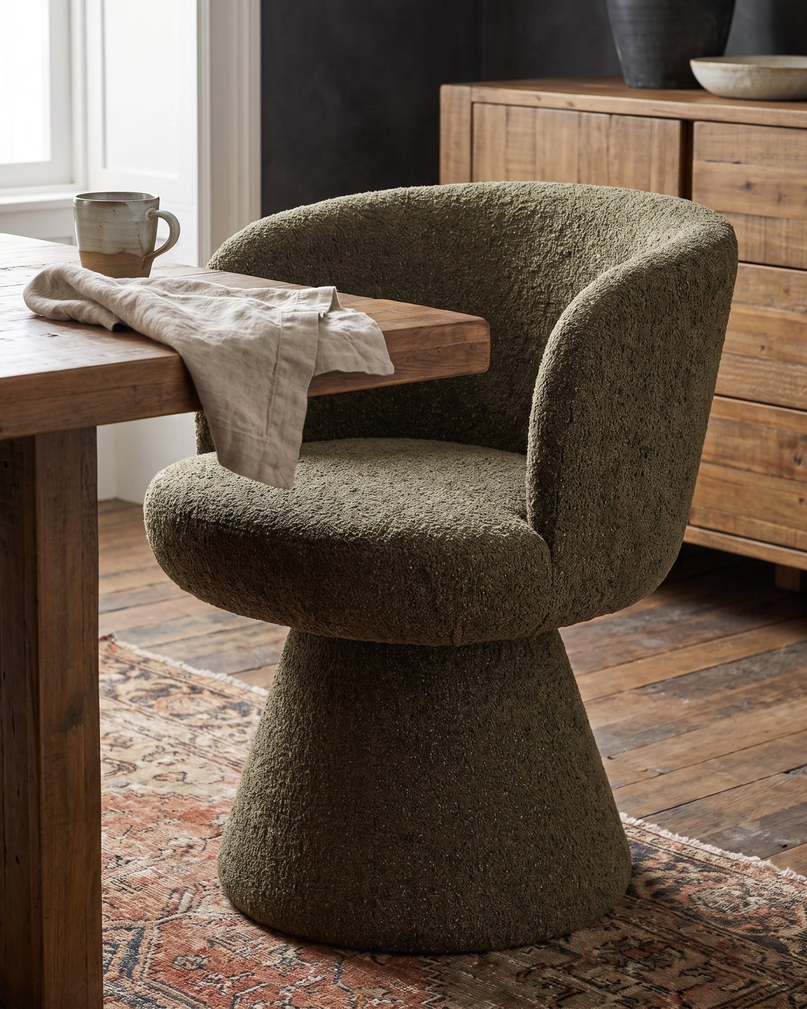 dining room furniture modern mountain woven chenille fabric dining chair Hello Norden - Ragna Swivel Dining Chair, styled in a modern rustic room