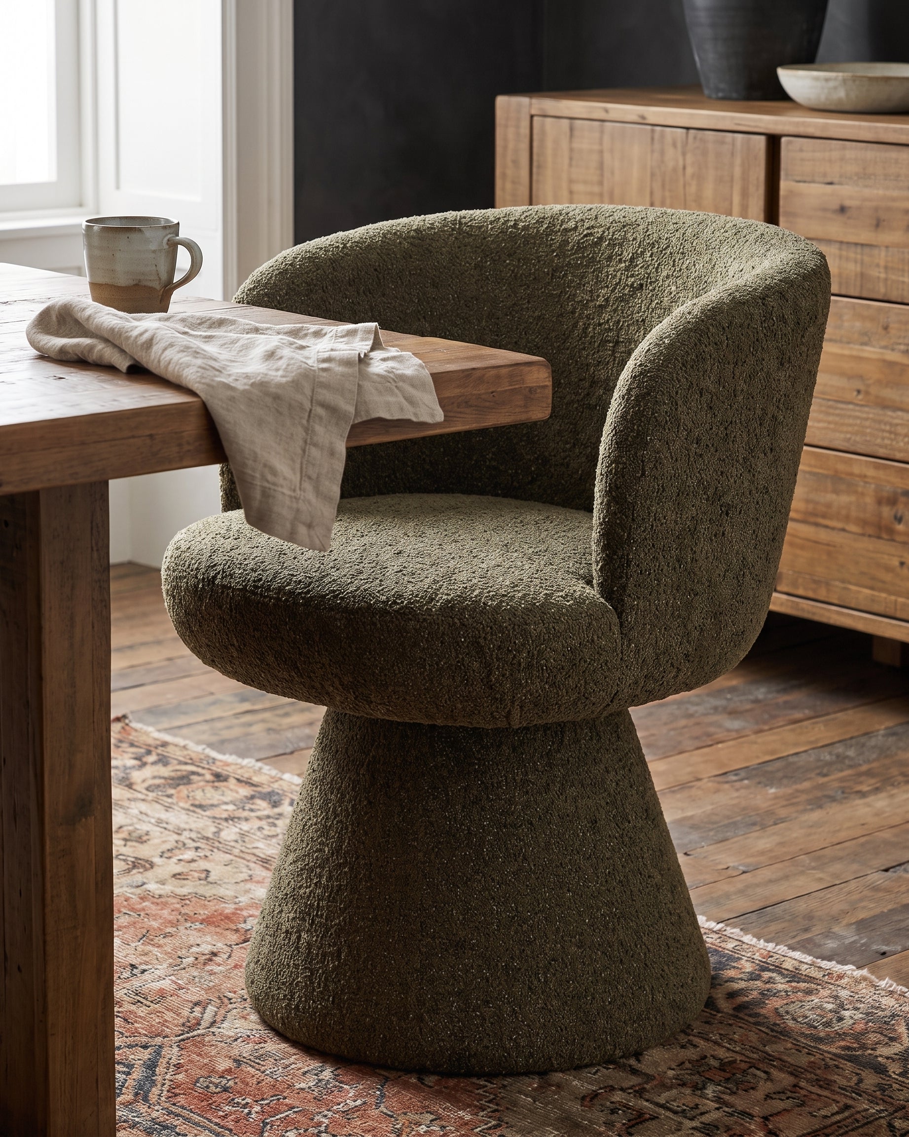 dining room furniture modern mountain woven chenille fabric dining chair Hello Norden - Ragna Swivel Dining Chair, styled in a modern rustic room