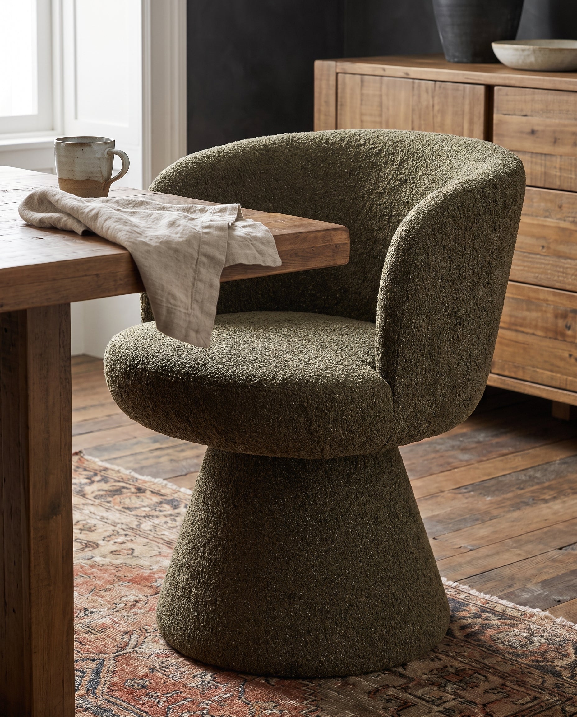 dining room furniture modern mountain woven chenille fabric dining chair Hello Norden - Ragna Swivel Dining Chair, styled in a modern rustic room