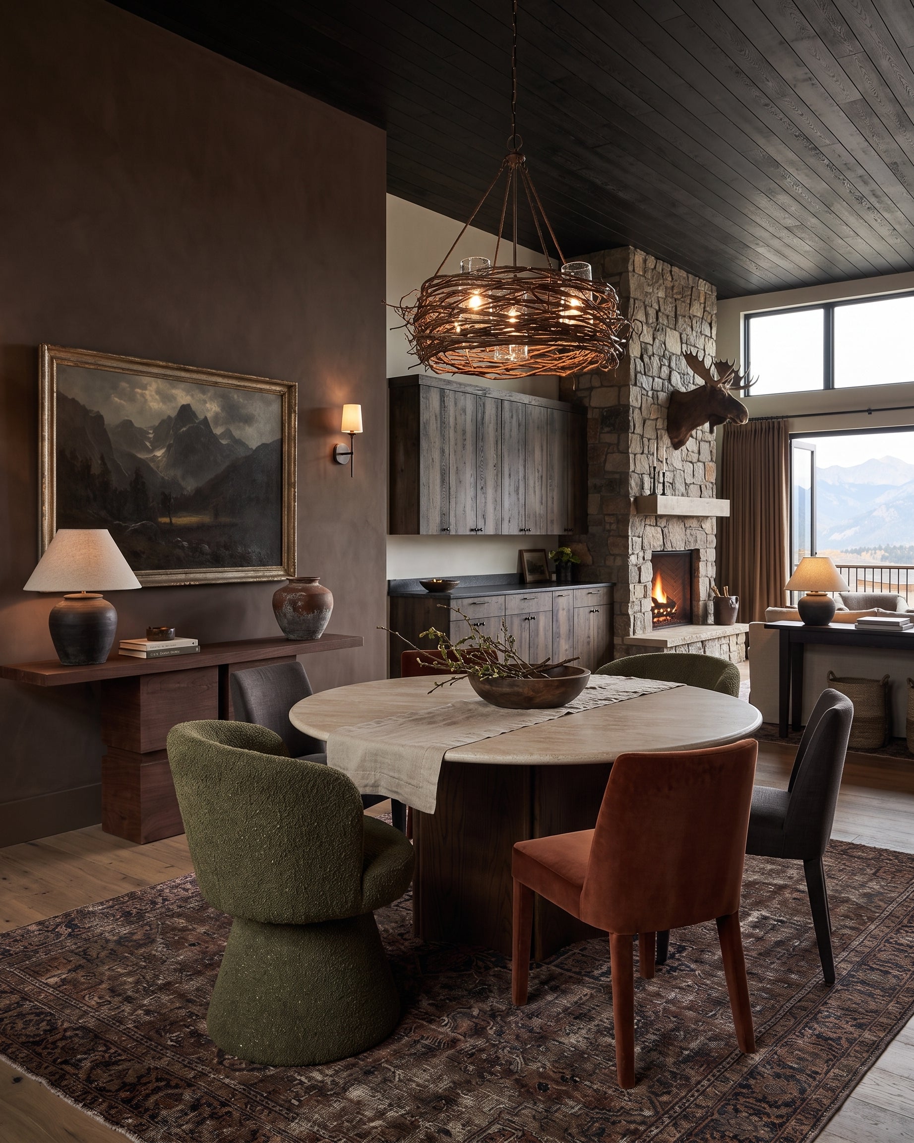 modern mountain Ragna Swivel Dining Chair Hello Norden, shown in a rustic modern room