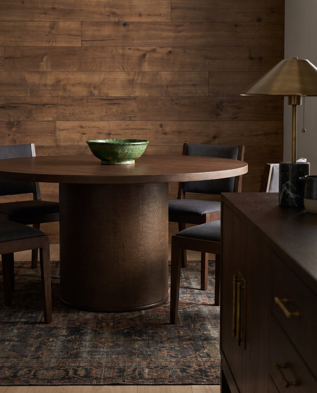 dining room furniture modern mountain top: oak veneer over engineered wood dining table Hello Norden - Tor Round Dining Table Dark, styled in a modern rustic room