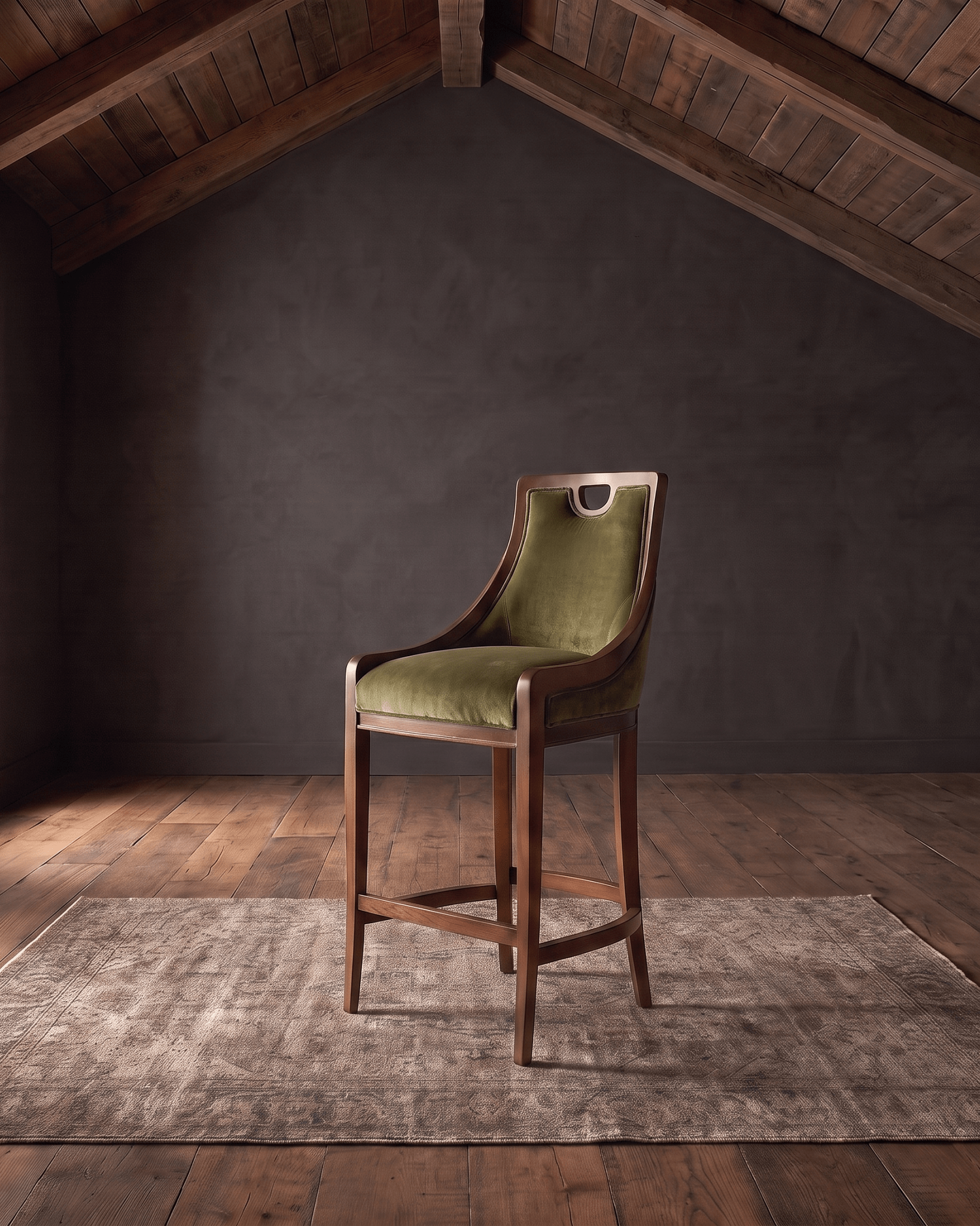 living room custom furniture modern mountain velvet bar stool Hello Norden - Rurik Bar Stool in Banks Eco-Performance Velvet in Olive, shown in a rustic modern room