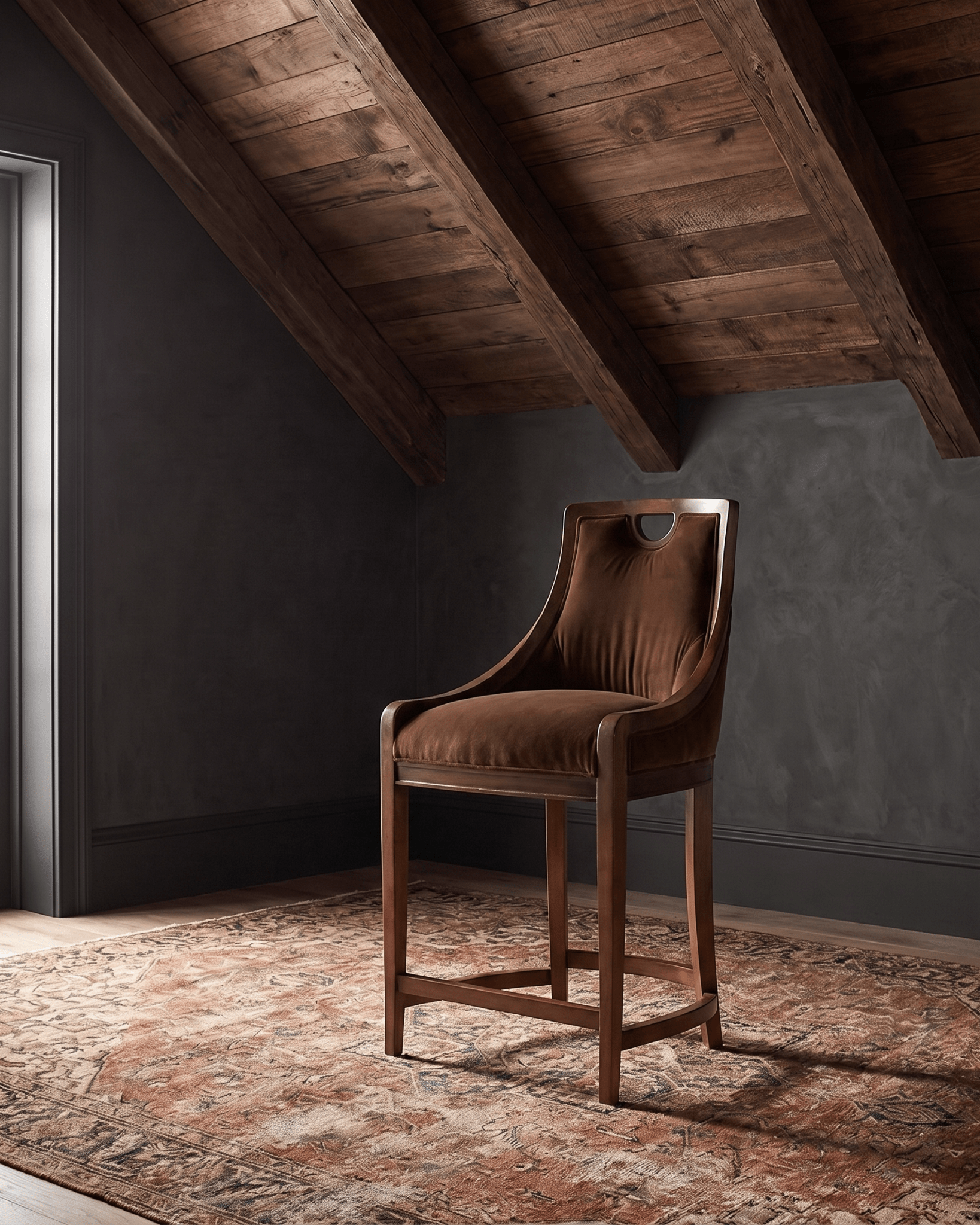 kitchen custom furniture modern mountain velvet counter stool Hello Norden - Rurik Counter Stool in Banks Eco-Performance Velvet in Cognac, shown in a rustic modern room