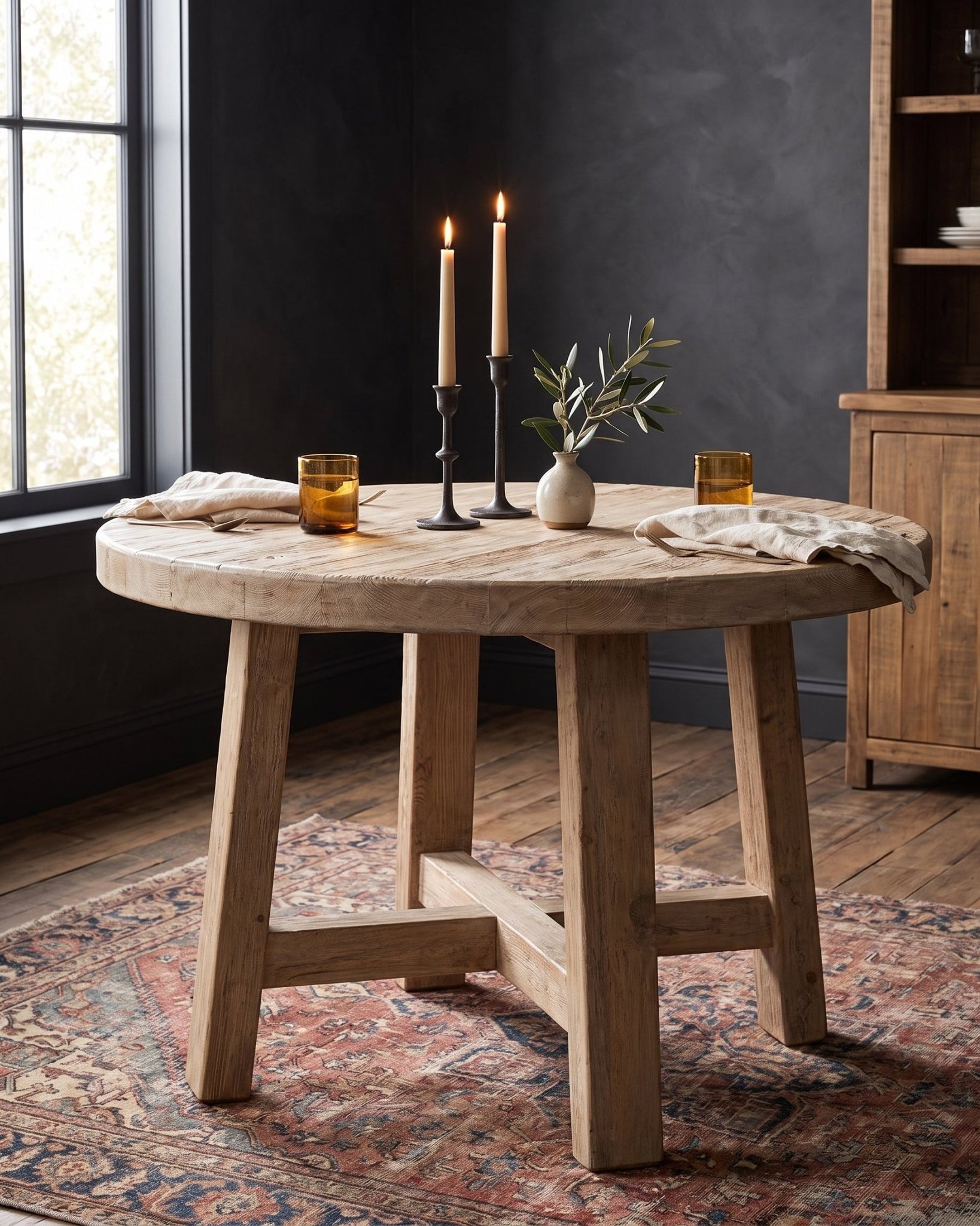 dining room furniture reclaimed wood modern mountain dining table Hello Norden - Rurik Round Dining Table, styled in a modern rustic room