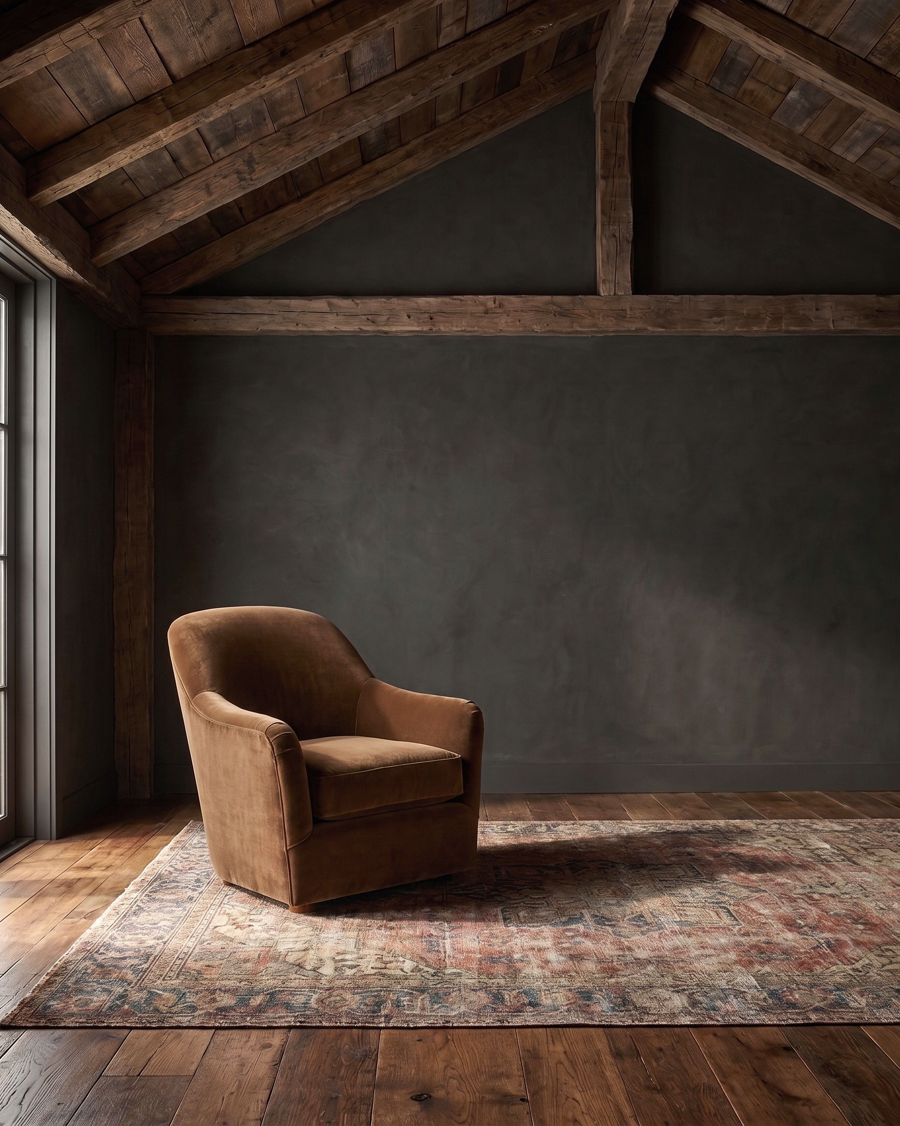 living room custom furniture modern mountain velvet chair Hello Norden - Signe Lounge Chair in Banks Eco-Performance Velvet in Yam, shown in a rustic modern room