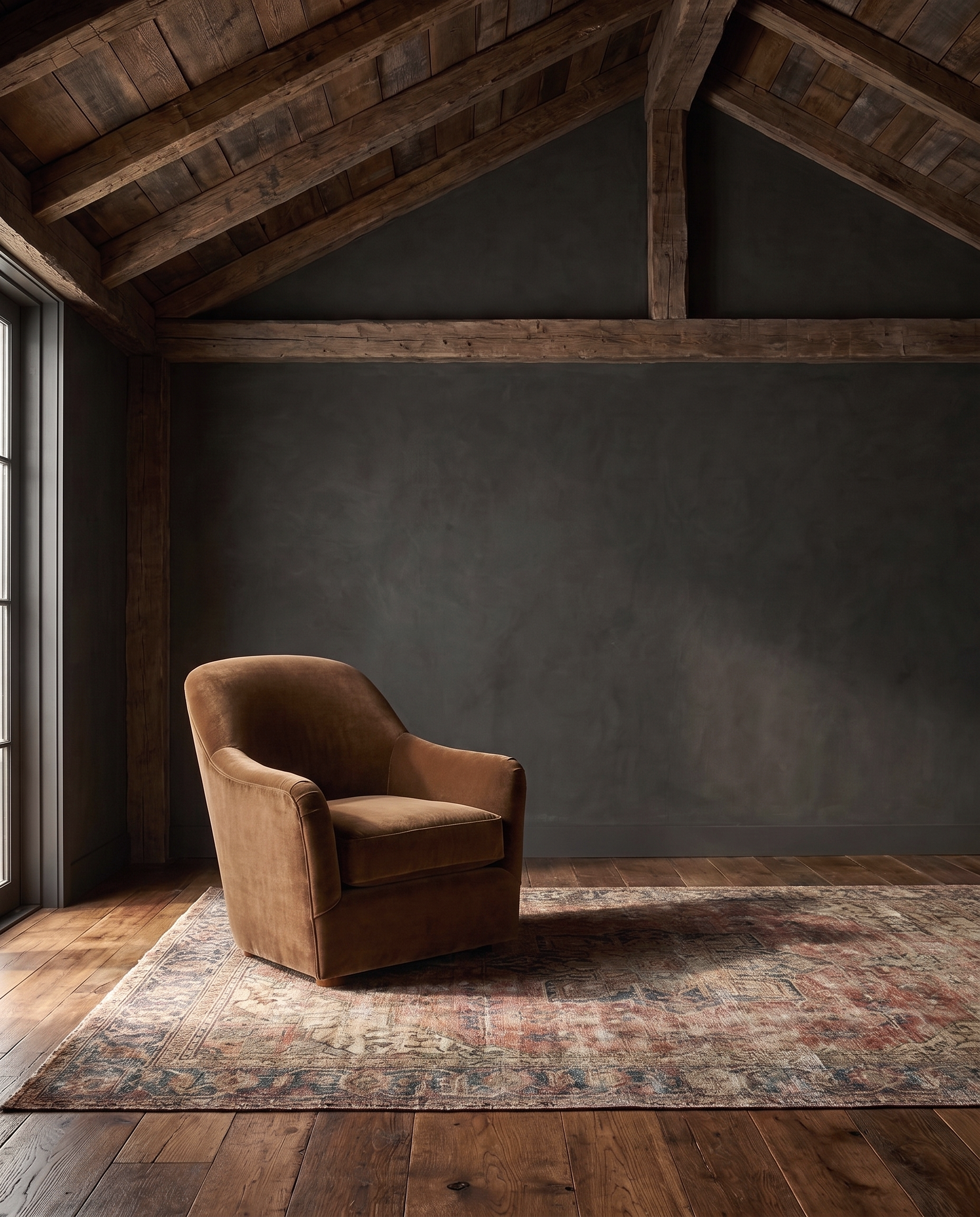 living room custom furniture modern mountain velvet chair Hello Norden - Signe Lounge Chair in Banks Eco-Performance Velvet in Yam, shown in a rustic modern room