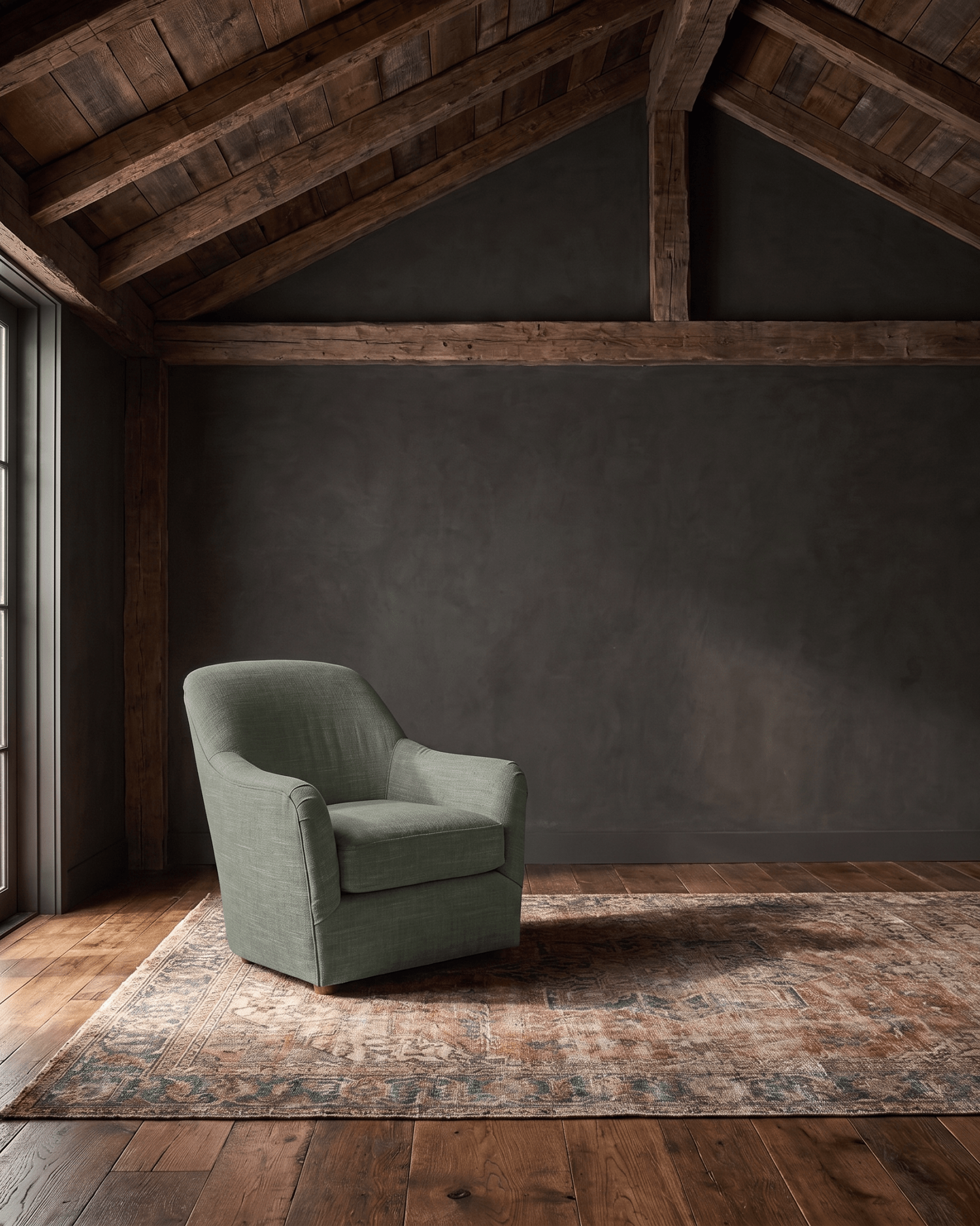 living room custom furniture modern mountain linen chair Hello Norden - Signe Lounge Chair in Palmer Eco-Performance Linen in Jade, shown in a rustic modern room