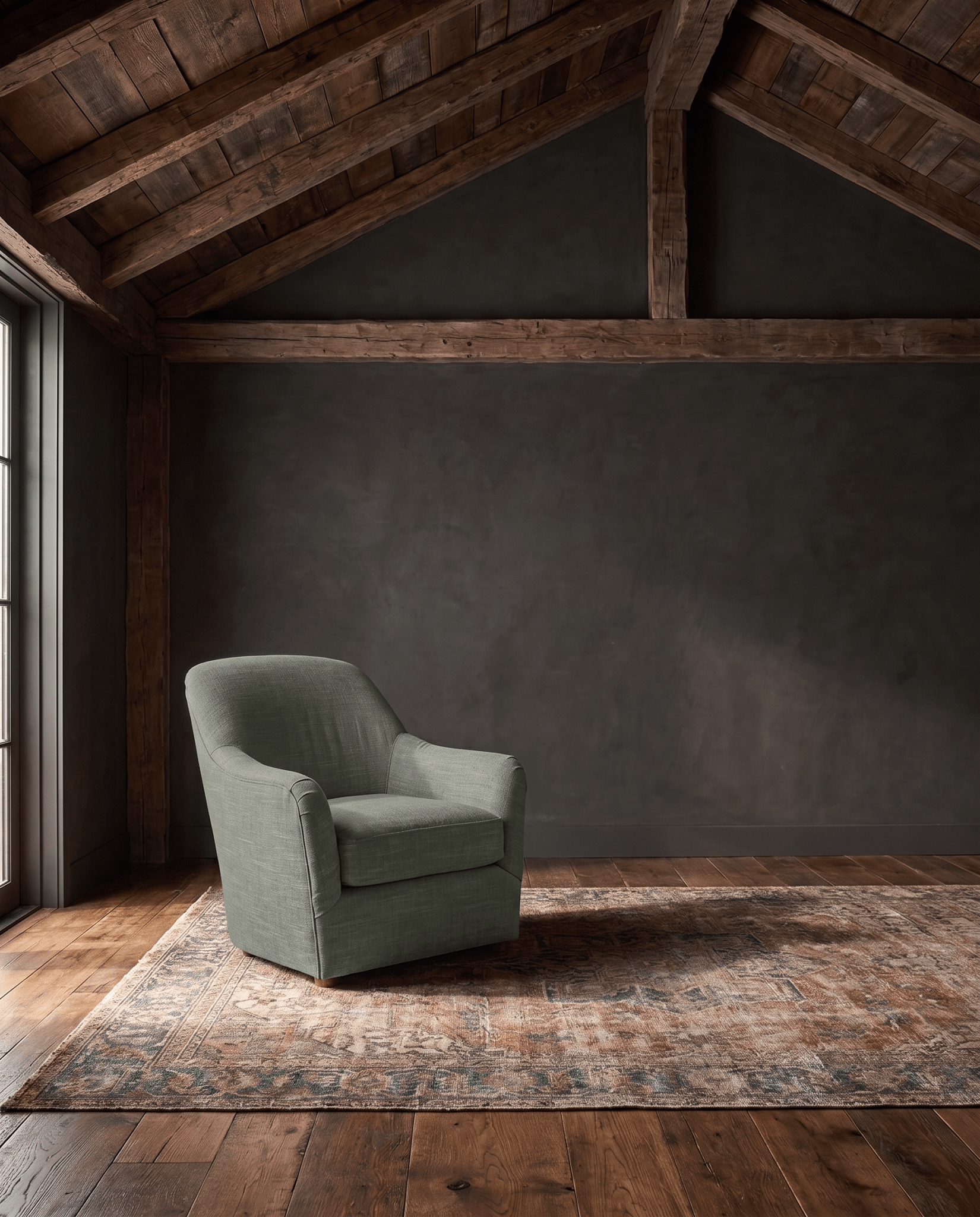 living room custom furniture modern mountain linen chair Hello Norden - Signe Lounge Chair in Palmer Eco-Performance Linen in Jade, shown in a rustic modern room