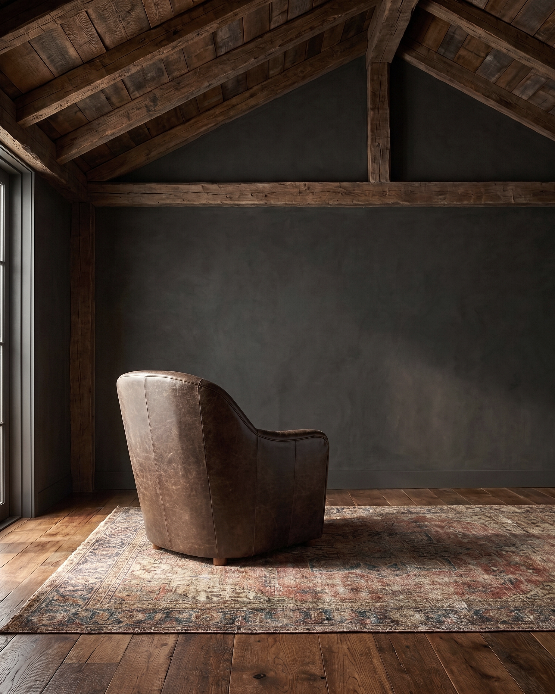 living room custom furniture modern mountain leather chair Hello Norden - Signe Lounge Chair in St Croix Holm Sweet Holm leather, shown in a rustic modern room