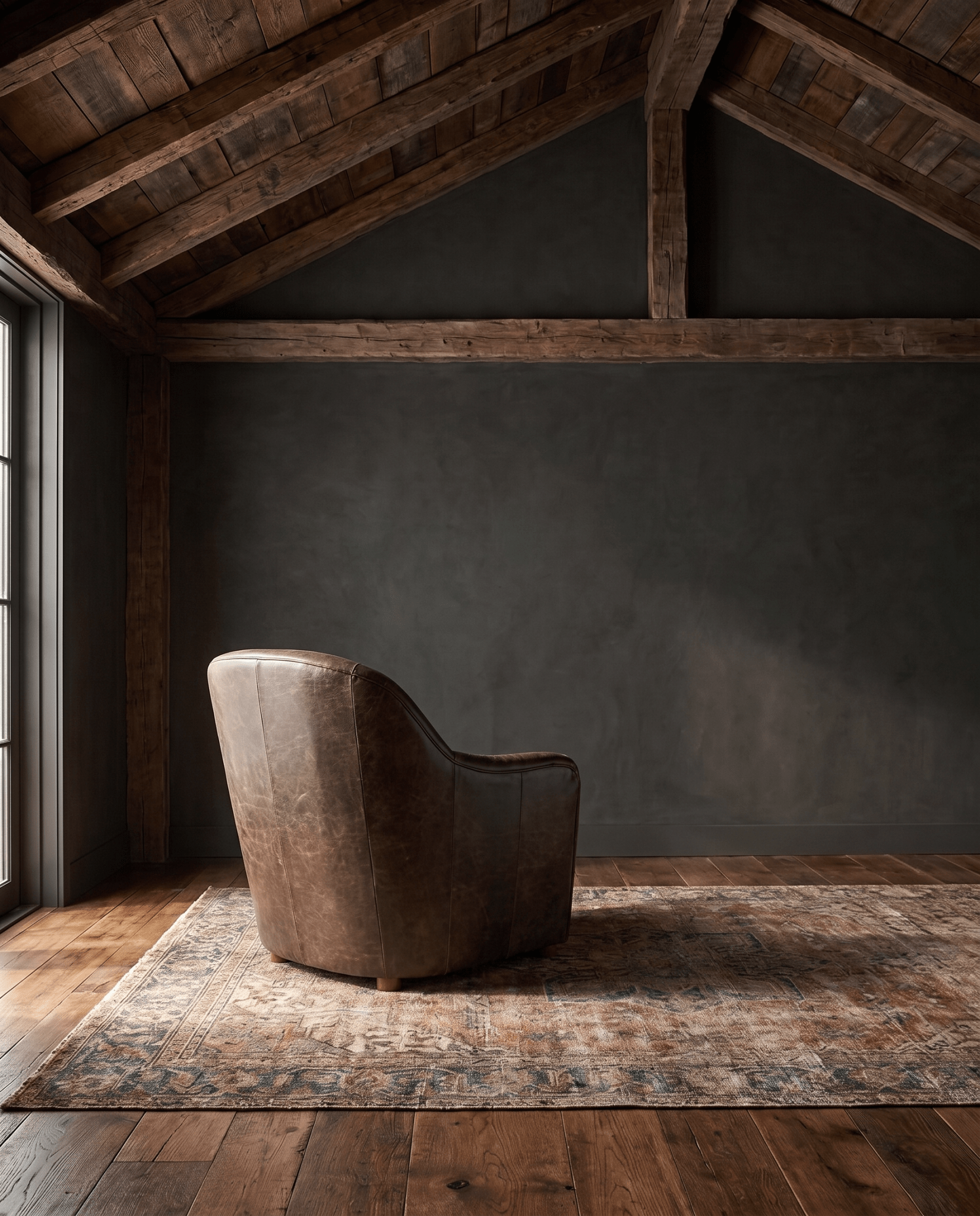 living room custom furniture modern mountain leather chair Hello Norden - Signe Lounge Chair in St Croix Holm Sweet Holm leather, shown in a rustic modern room