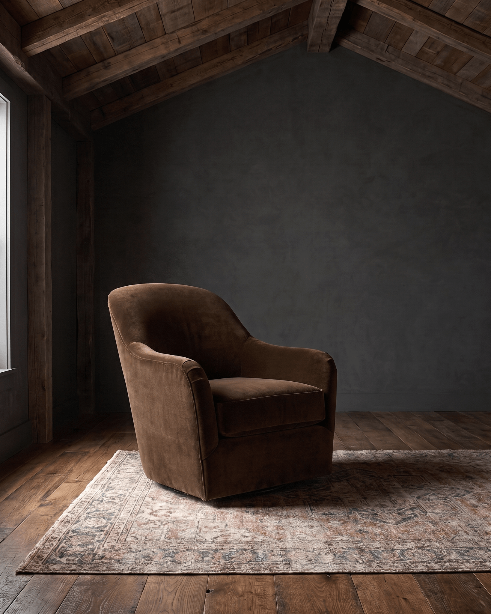 living room custom furniture modern mountain velvet chair Hello Norden - Signe Swivel Chair in Banks Eco-Performance Velvet in Cognac, shown in a rustic modern room