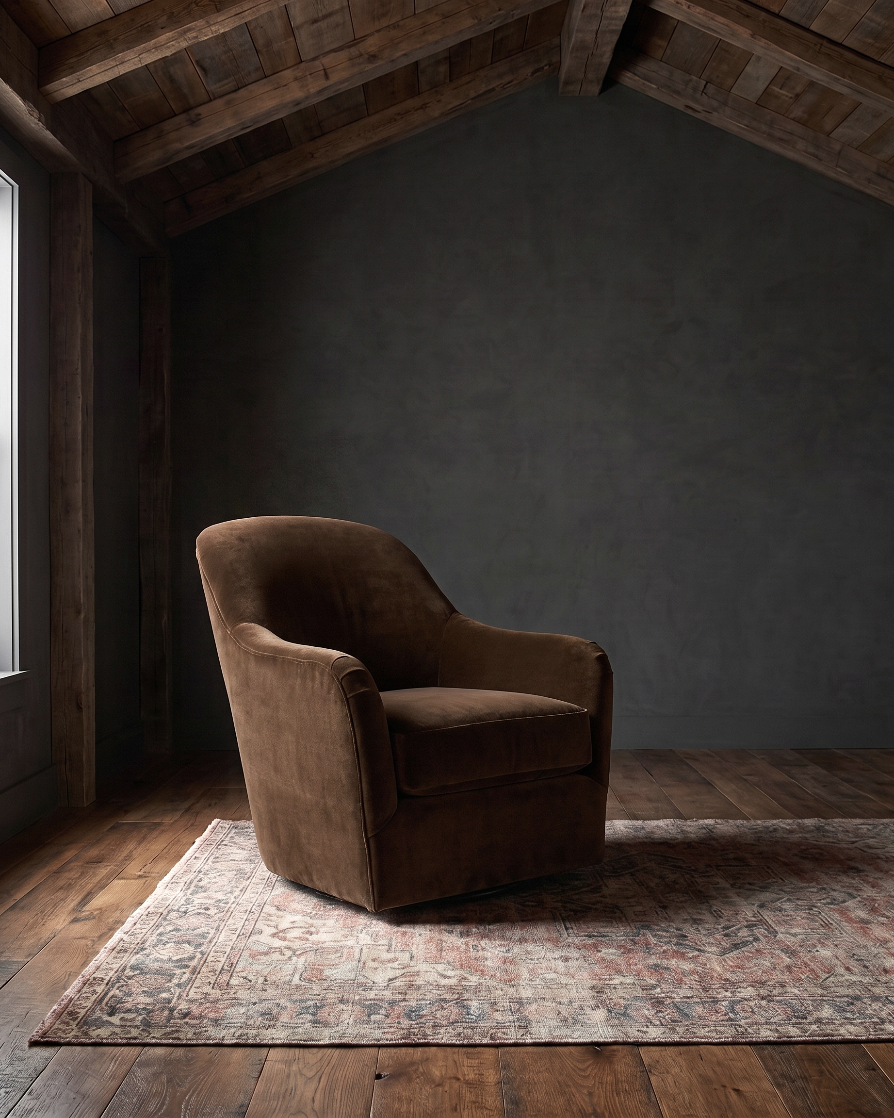living room custom furniture modern mountain velvet chair Hello Norden - Signe Swivel Chair in Banks Eco-Performance Velvet in Cognac, shown in a rustic modern room